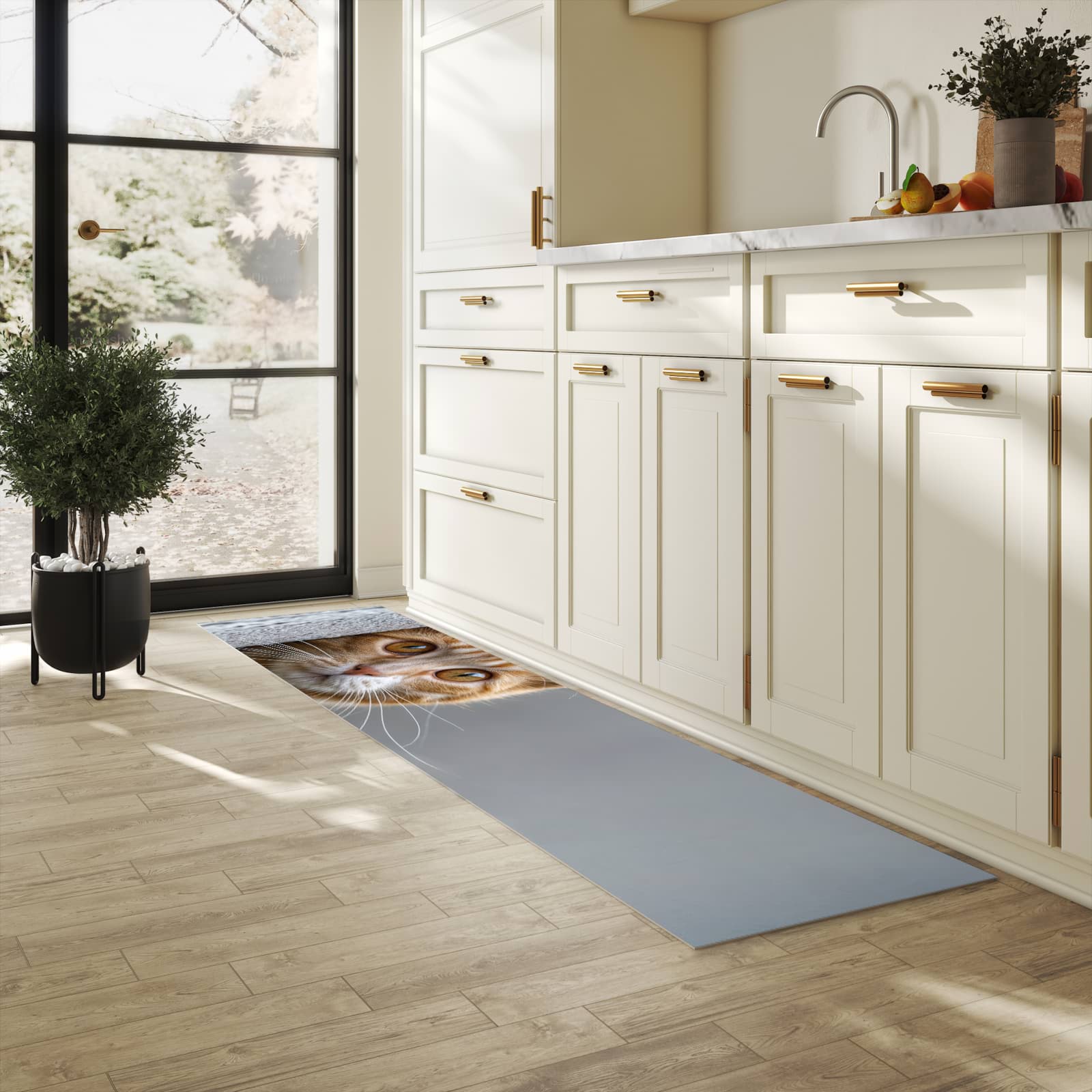 Fleckenresistenter rutschfester Küchenläufer mit Motiv Neugierige Katze in heller Küche