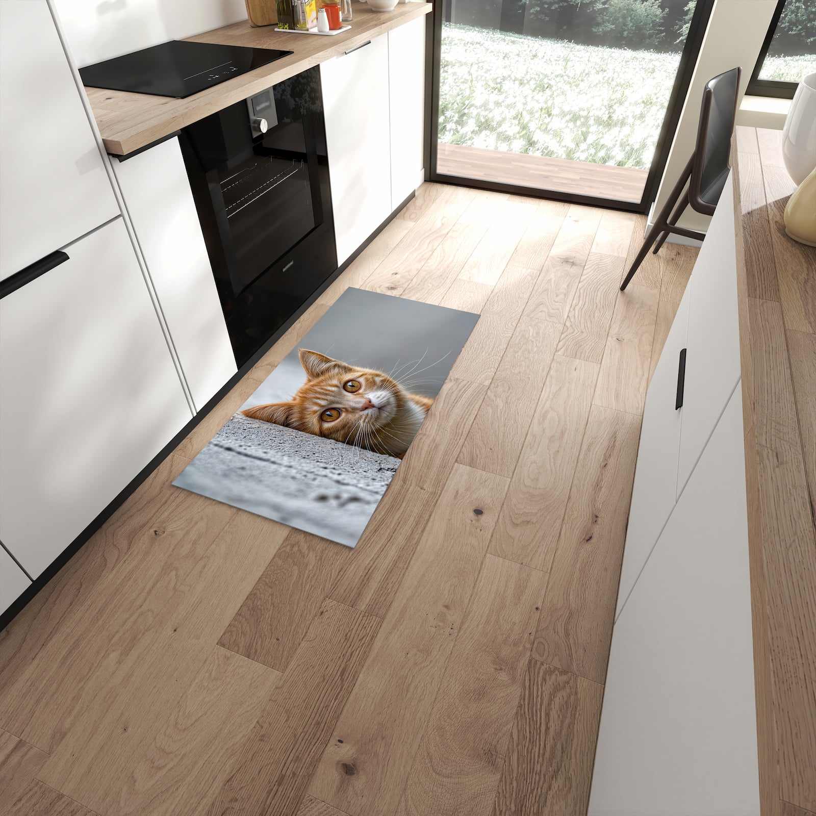 Abriebfester Küchenteppich mit Motiv Neugierige Katze in moderner Küche #grösse_60 x 120 cm