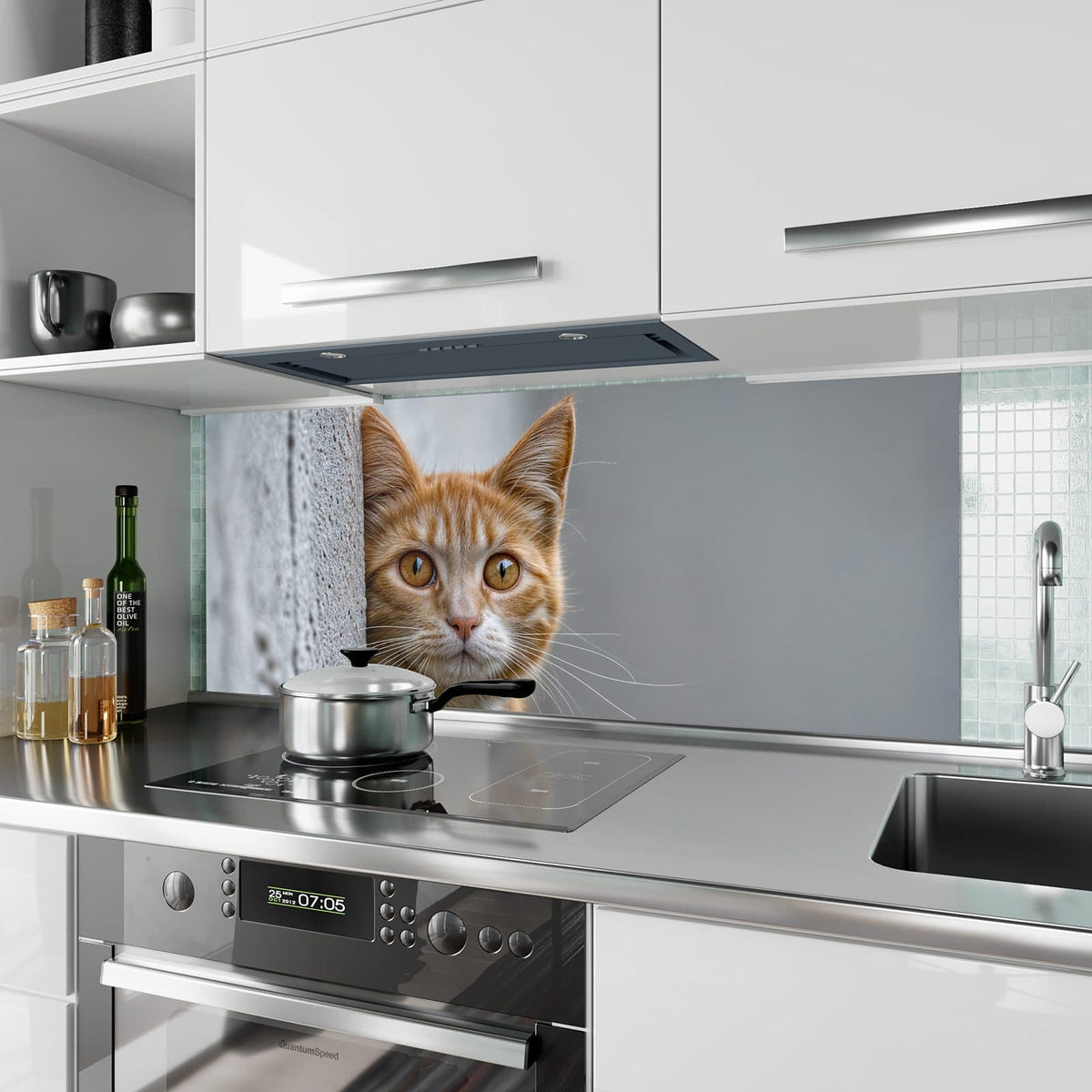 Küchenrückwand aus Glas Katze hinter der Mauer im Hochformat als Spritzschutz hinter dem Kochfeld, über dem Fliesenspiegel montiert