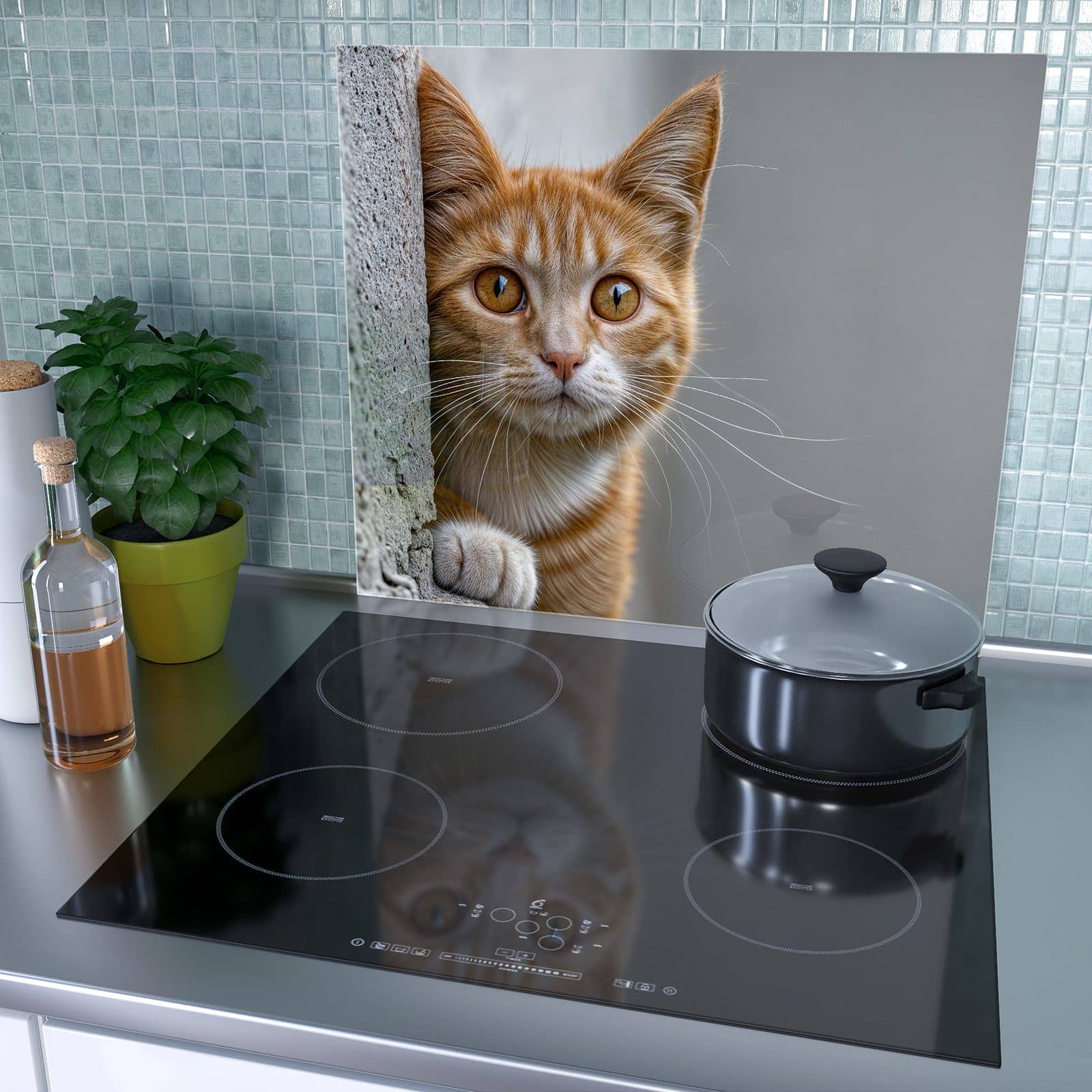1-teilige Herdabdeckung mit Neugierige Katze-Motiv als Spritzschutz hinter dem Kochfeld