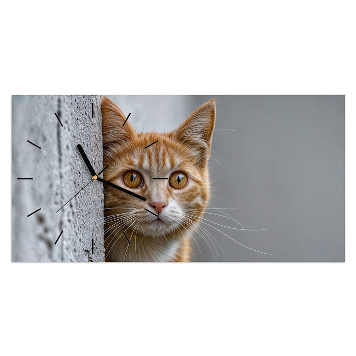 Wanduhr Neugierige Katze aus Glas – Querformat 60 × 30 cm mit Ziffernblatt Linie