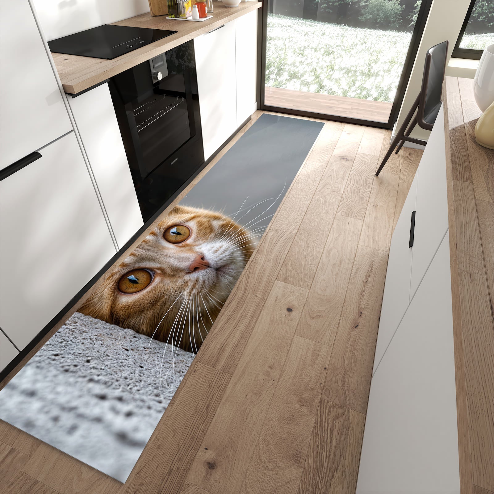 Schmutzabweisender Bodenläufer mit Motiv Neugierige Katze in moderner Küche