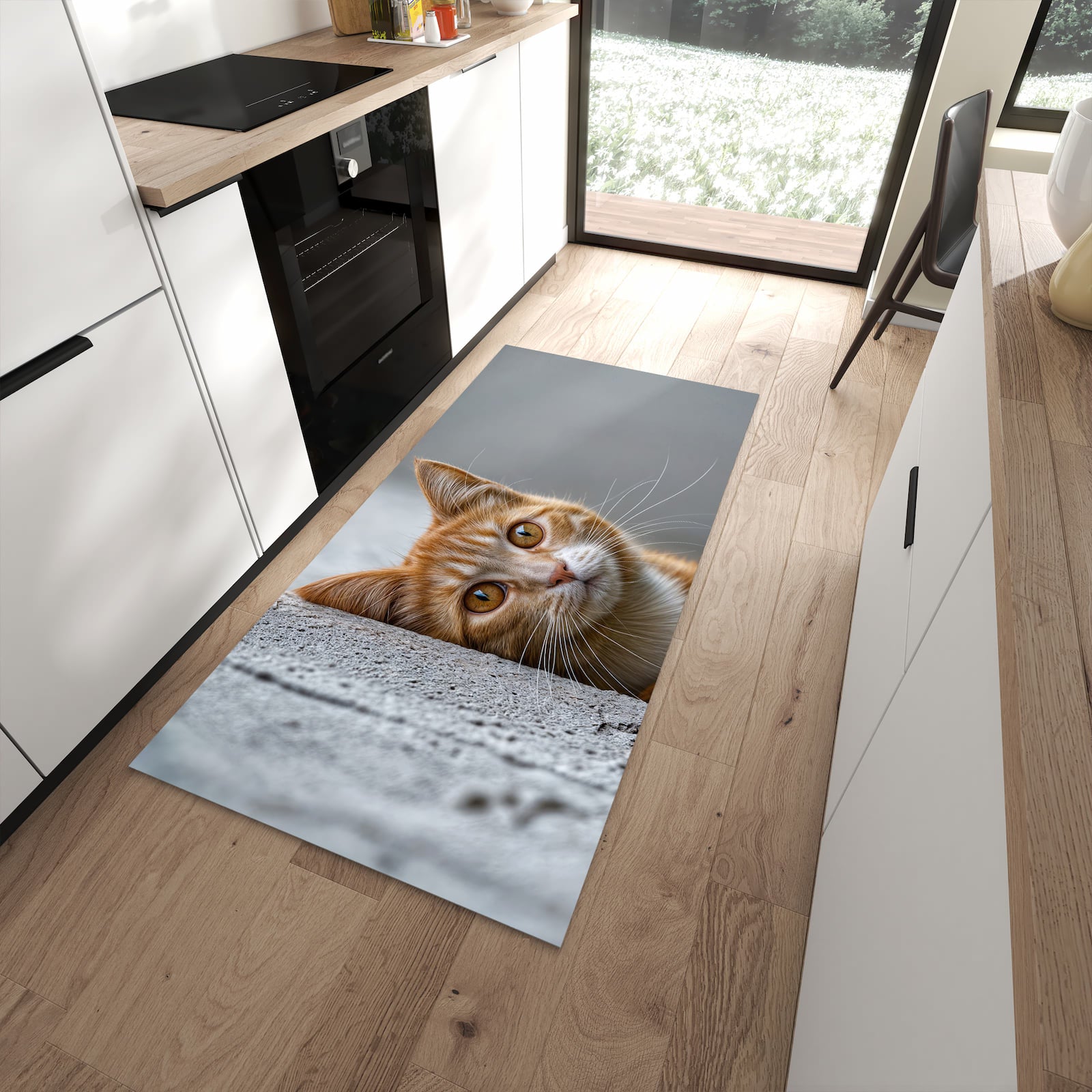 Rutschfester Küchenteppich mit Motiv Neugierige Katze in moderner Küche