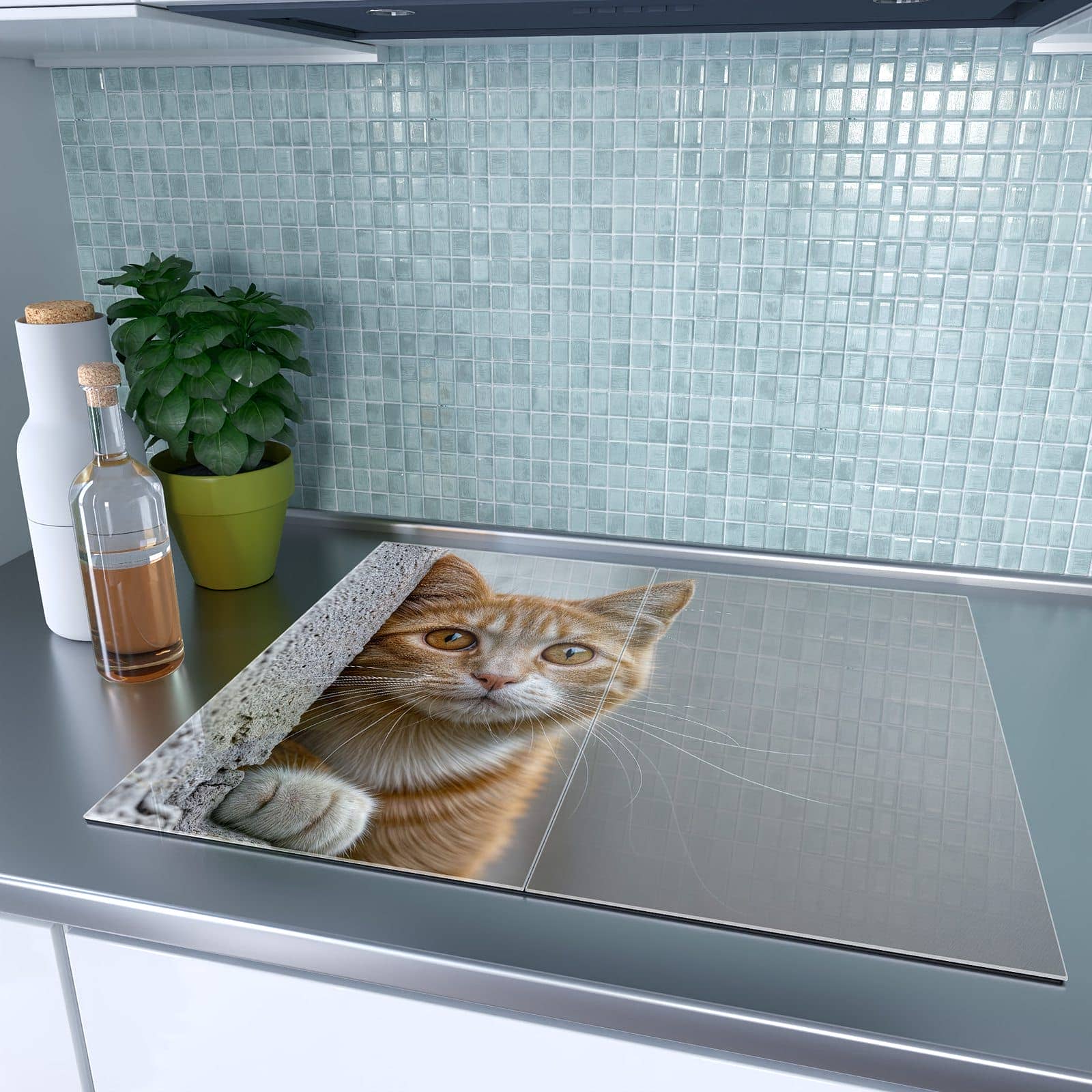 2-teilige Herdabdeckplatte für Induktionsherd mit Neugierige Katze-Motiv auf dem Ceranfeld