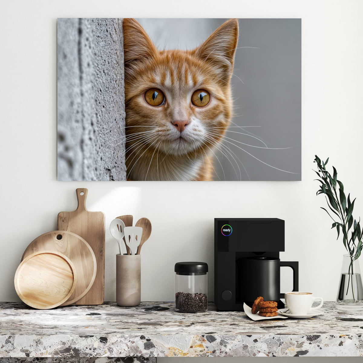 Metall Magnettafel - Katze hinter der Mauer – Getigerte Katze hinter grauer Mauer