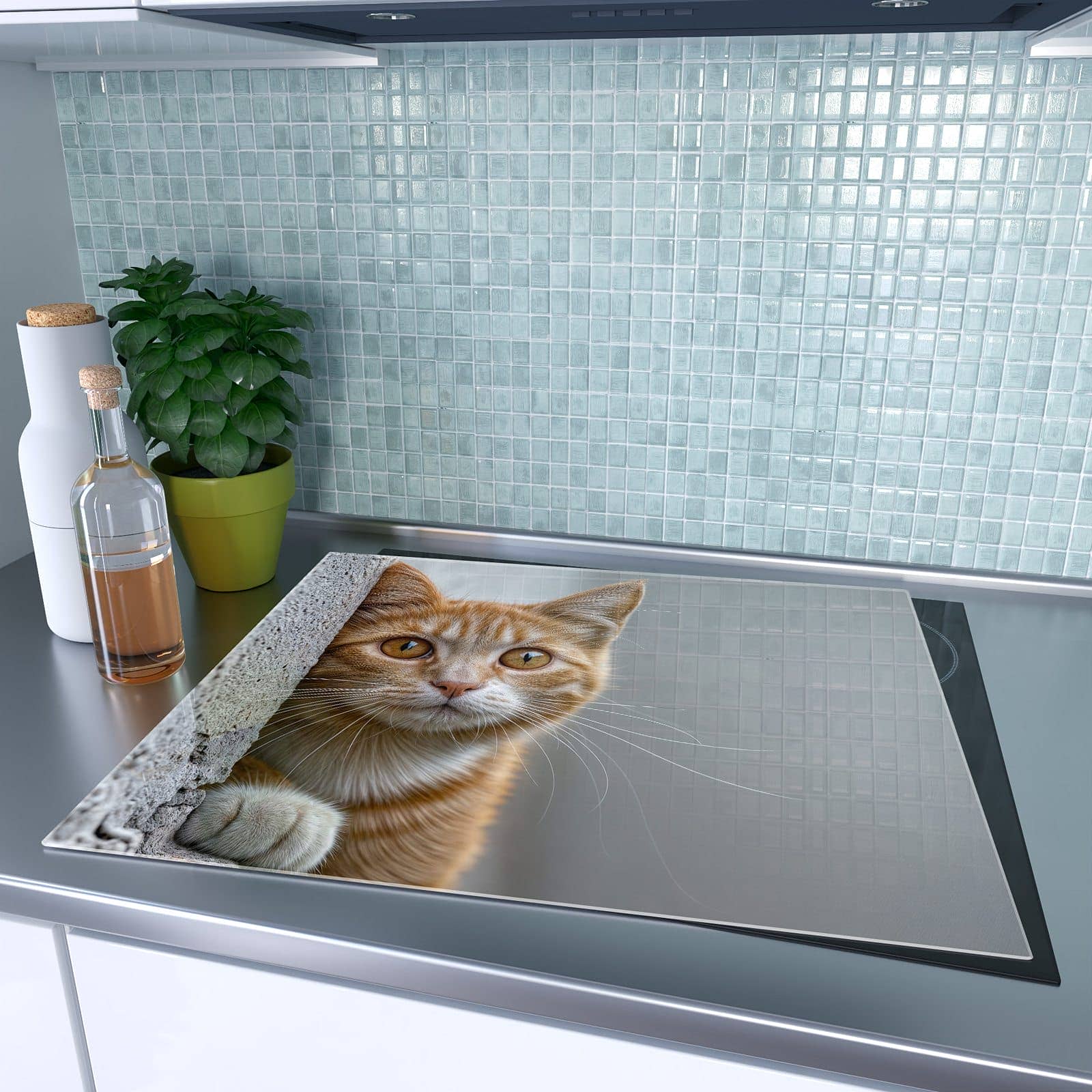 1-teilige Herdabdeckung aus Glas mit Neugierige Katze-Motiv auf dem Ceranfeld