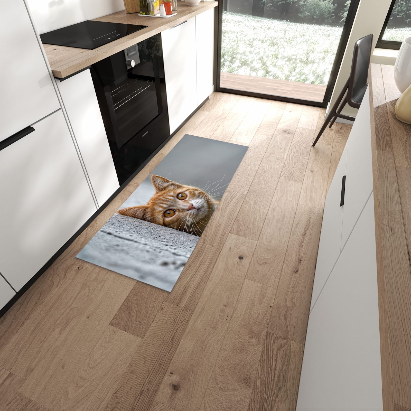 UV-beständiger waschbarer Küchenteppich mit Motiv Neugierige Katze in moderner Küche #grösse_60 x 150 cm