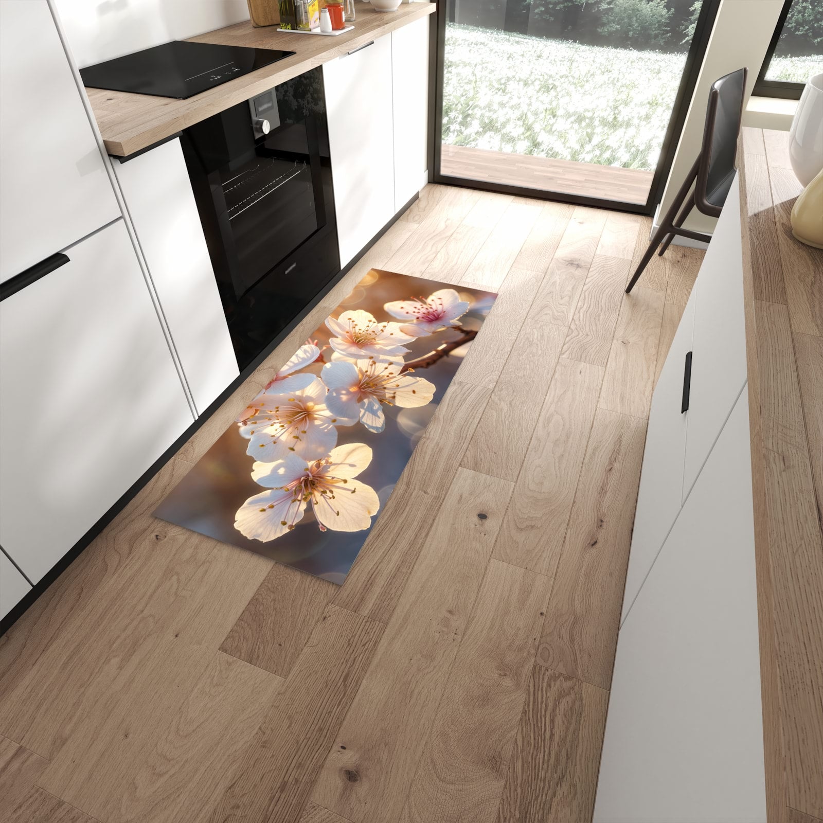 Waschbarer Küchenteppich mit Motiv Blumen im Sonnenlicht in moderner Küche #grösse_60 x 150 cm
