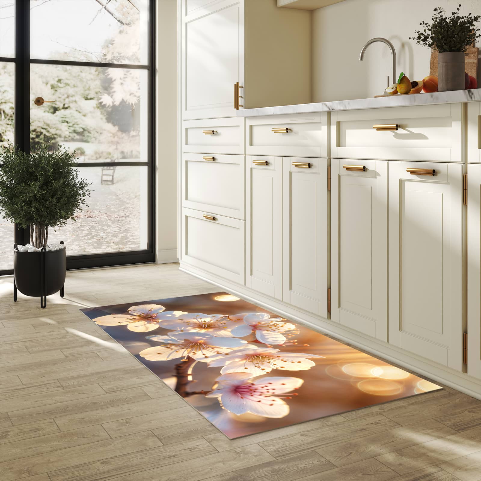 Zeitsparender Küchenläufer mit Motiv Blumen im Sonnenlicht in heller Küche