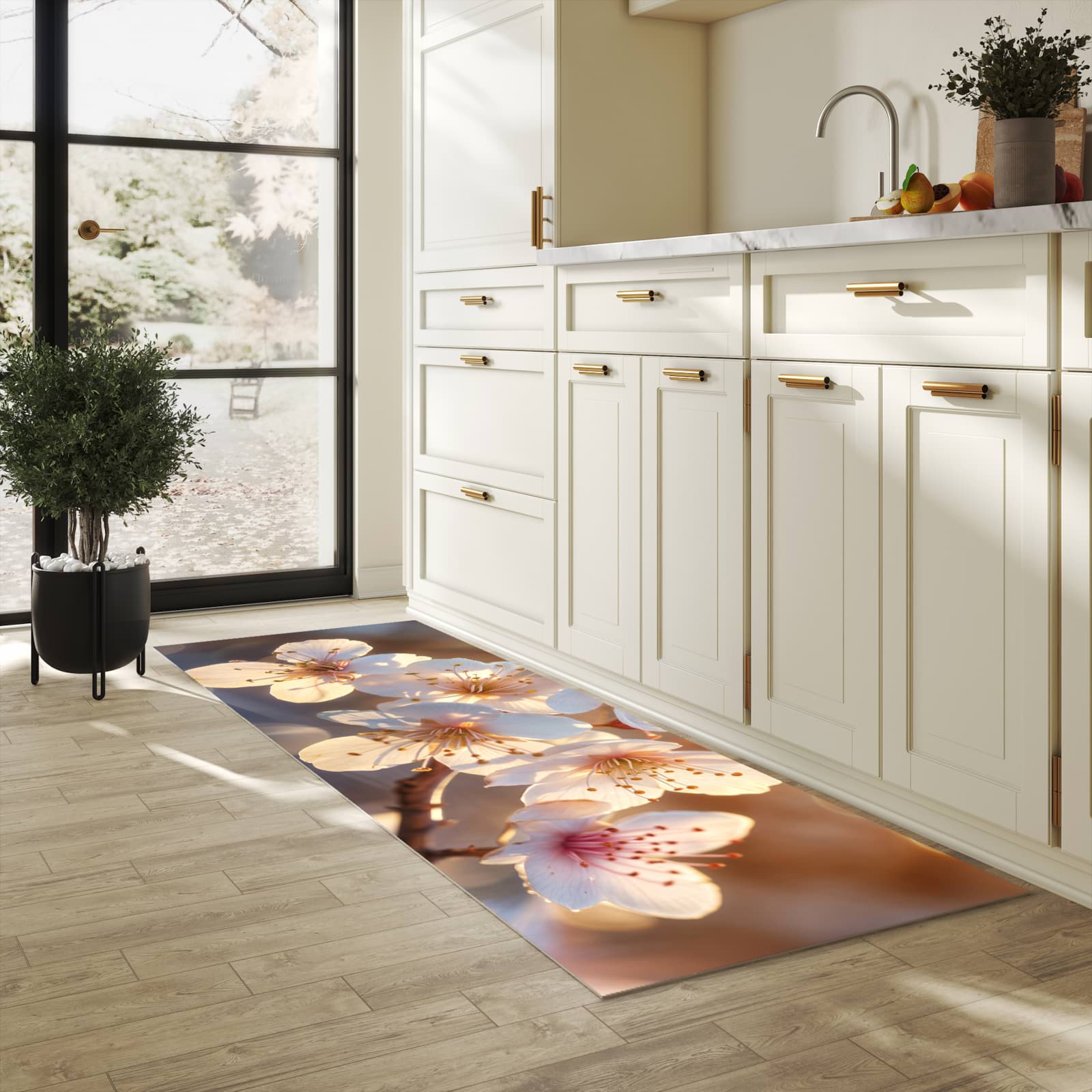 Farbbeständiger rutschfester Küchenteppich mit Motiv Blumen im Sonnenlicht in heller Küche