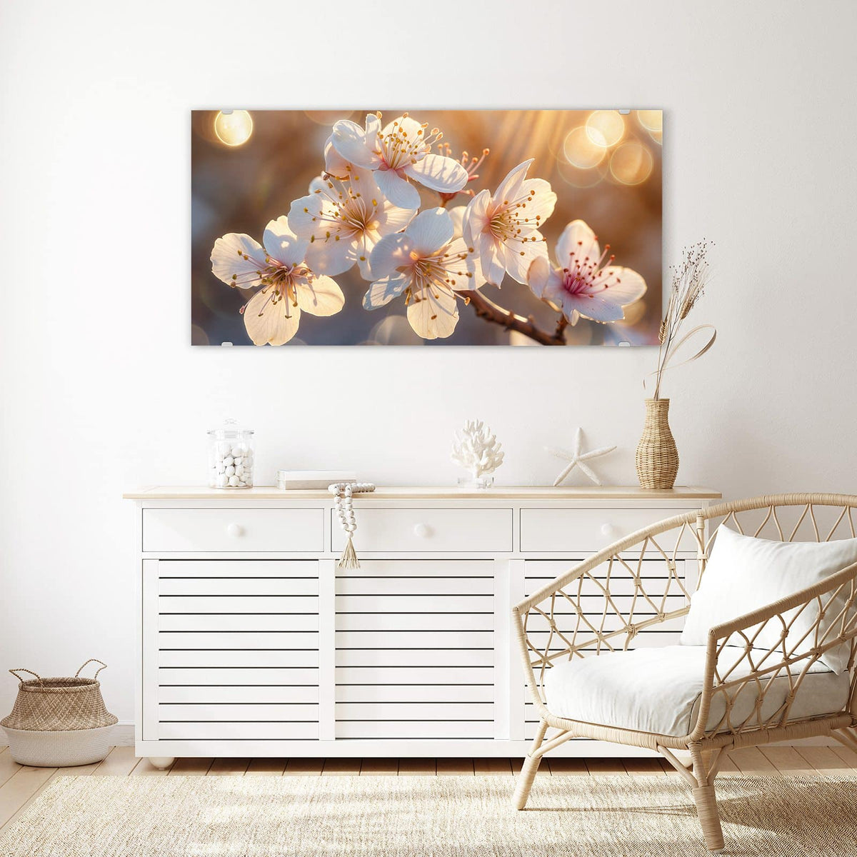 Echtglas, 4 mm – kein Acryl, keine Folie – Wandbild - Goldene Kirschblüten - Querformat