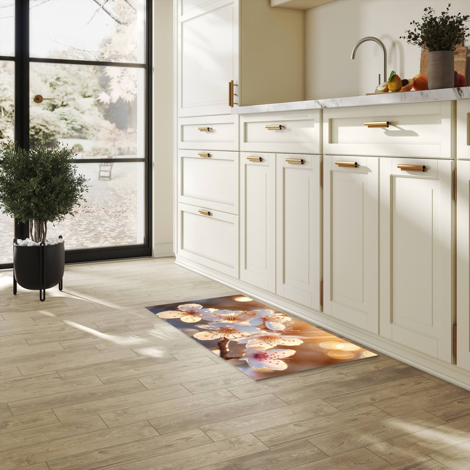 Strapazierfähiger Küchenteppich mit Motiv Blumen im Sonnenlicht in heller Küche
