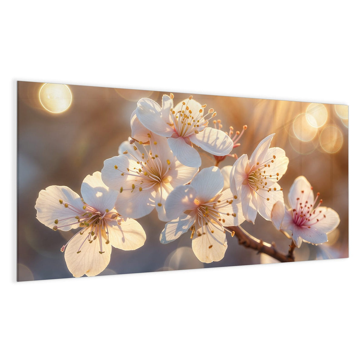 weiß-cremefarbene Kirschblüten in warmem goldenem Gegenlicht