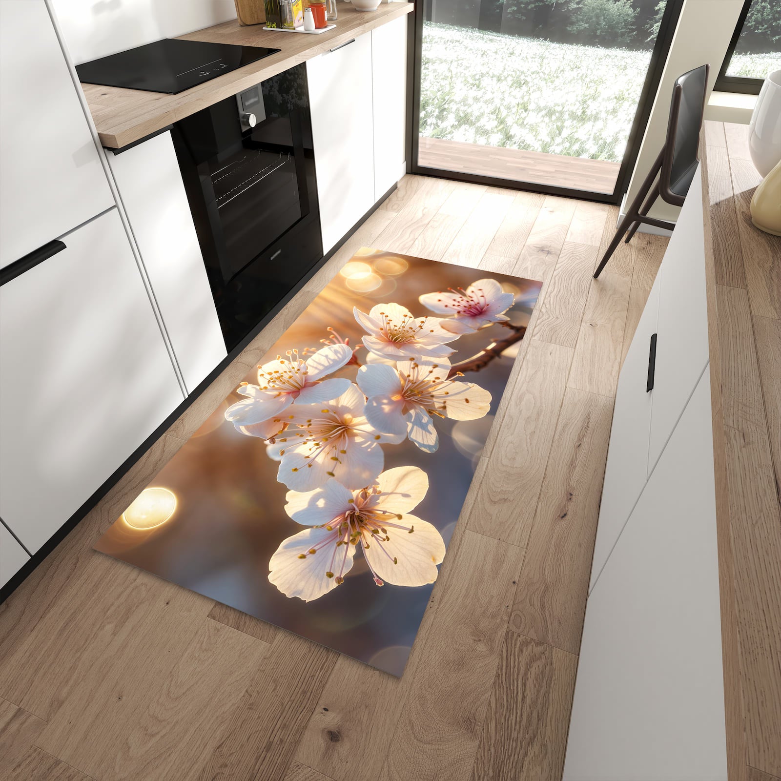 Zeitsparender rutschfester Läufer mit Motiv Blumen im Sonnenlicht in moderner Küche