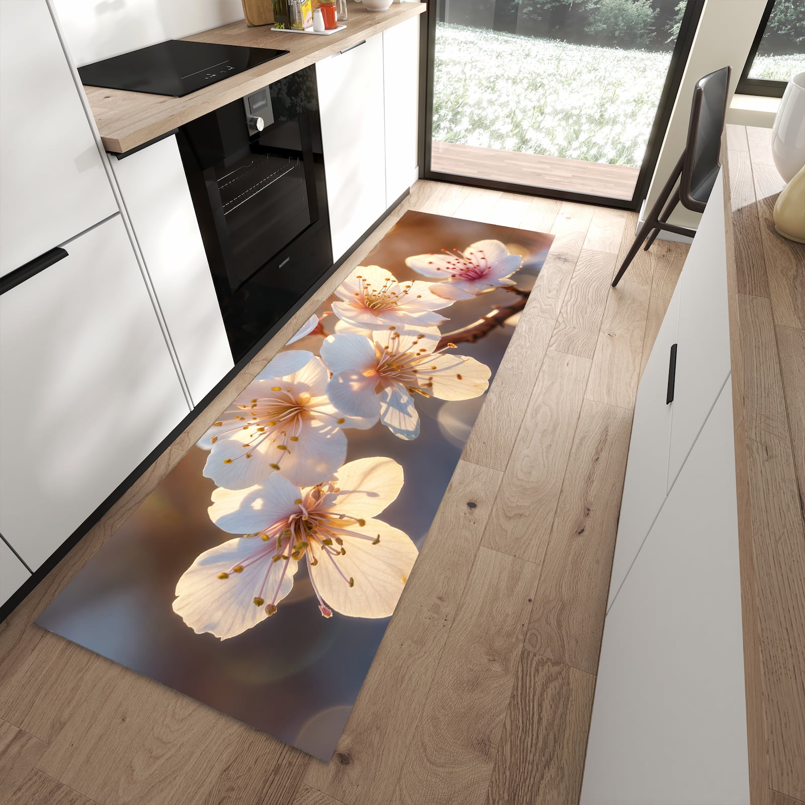 Farbbeständiger waschbarer Küchenläufer mit Motiv Blumen im Sonnenlicht in moderner Küche