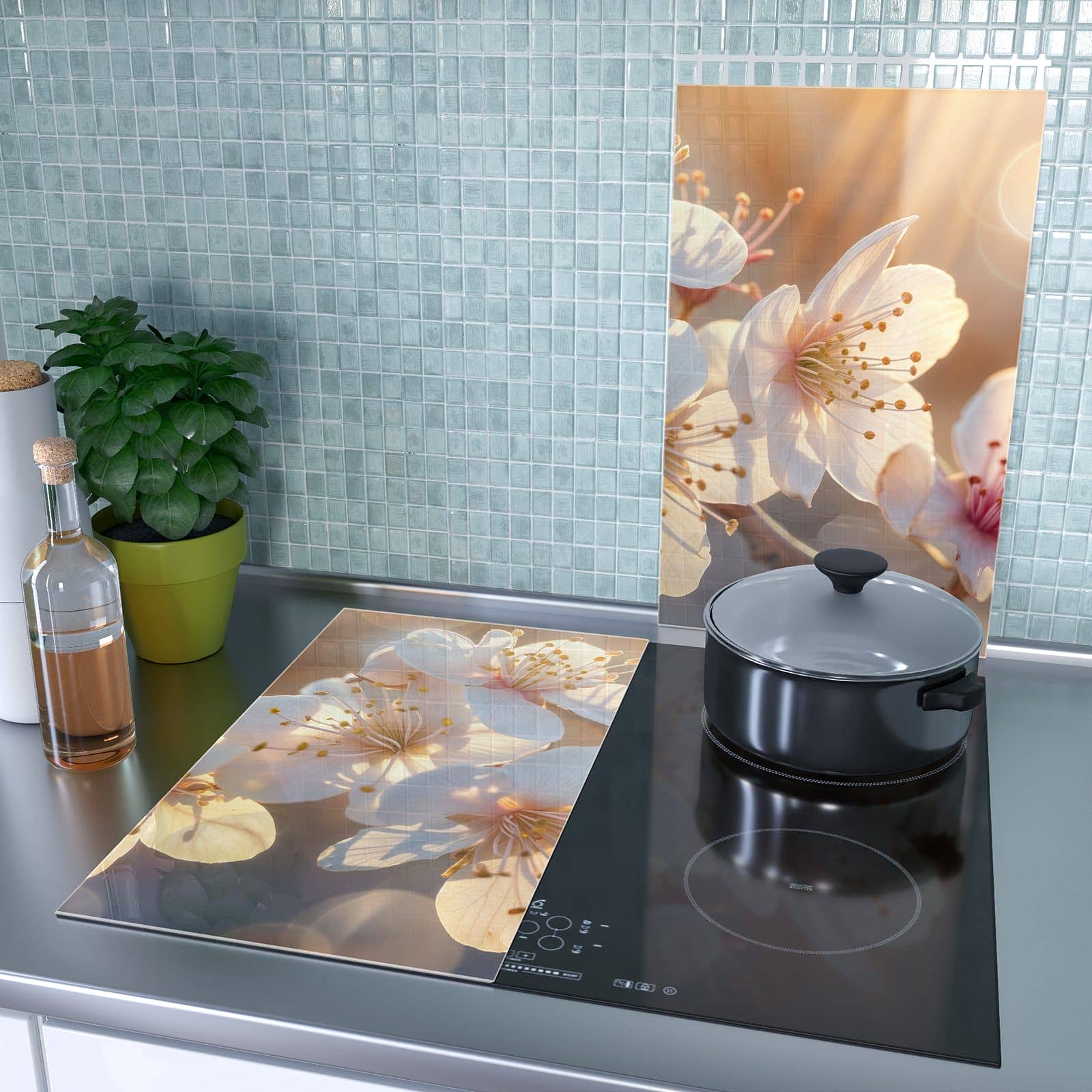 2-teilige Herdabdeckplatte für Ceranfeld mit Blumen im Sonnenlicht-Motiv als Spritzschutz hinter dem Kochfeld