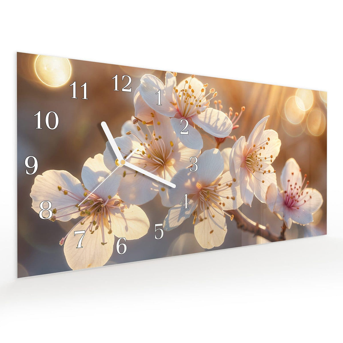 Vormontiert – mit Schwebeeffekt – Wanduhr Blumen im Sonnenlicht aus Glas – Querformat 60 × 30 cm