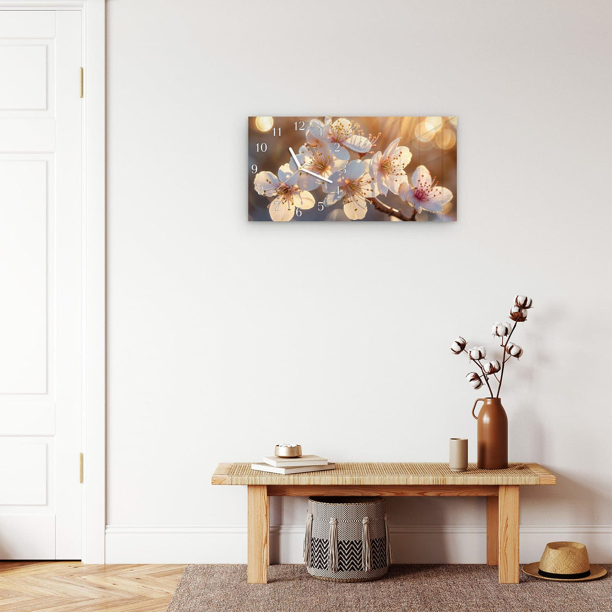 Moderne Wanduhr aus Glas mit Farbtiefe – Wanduhr Blumen im Sonnenlicht aus Glas – Querformat 60 × 30 cm