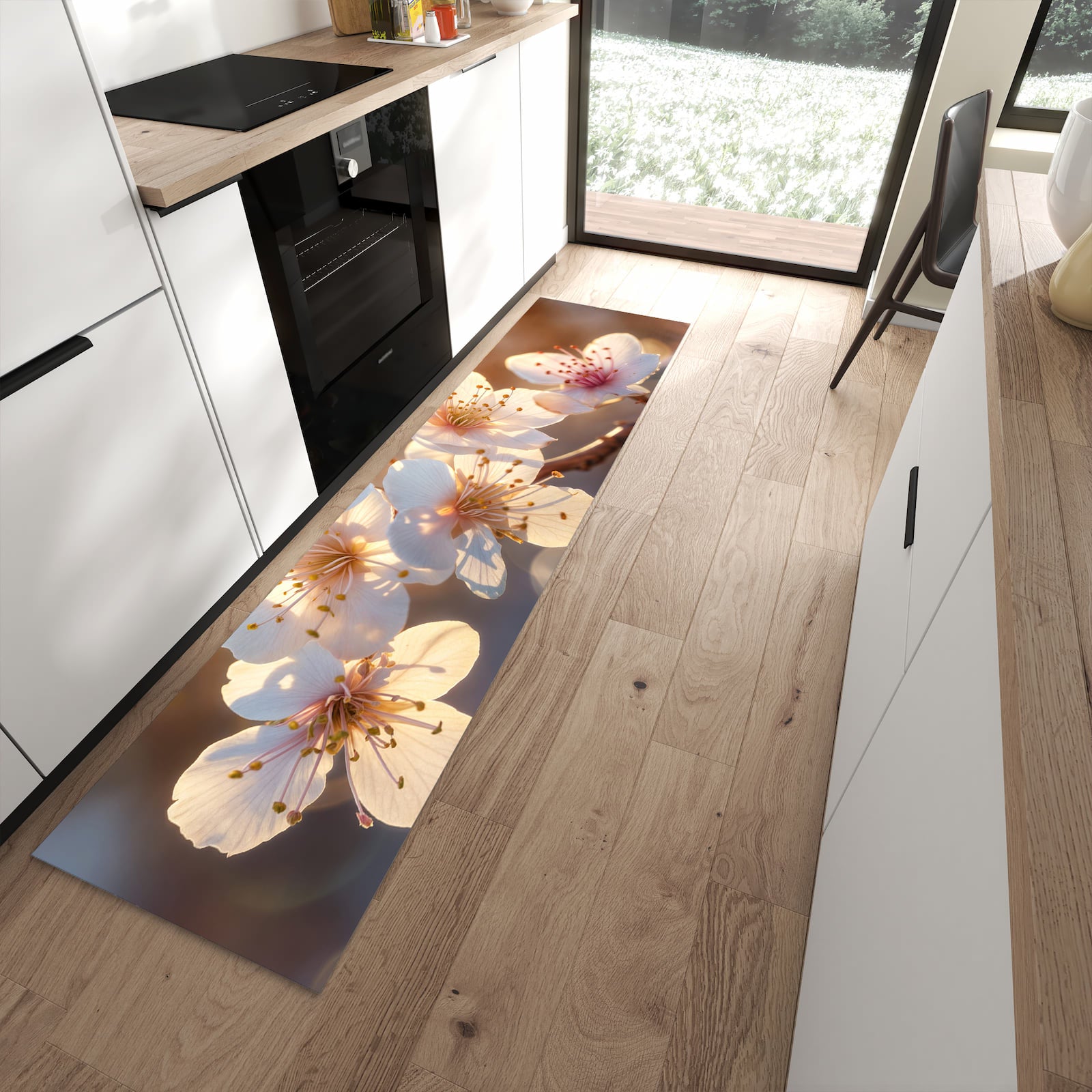 Rutschfester waschbarer Küchenteppich mit Motiv Blumen im Sonnenlicht in moderner Küche