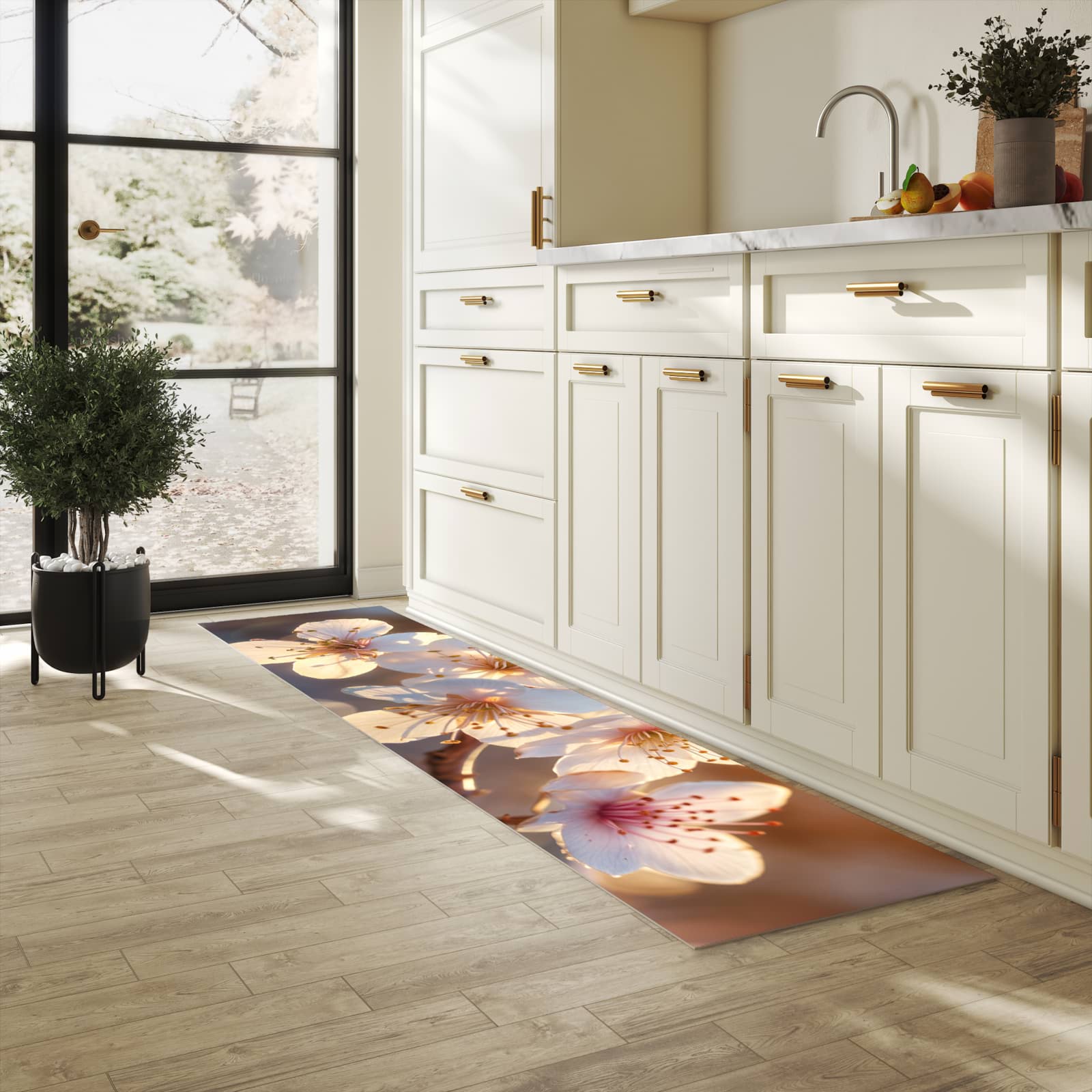 Feuchtigkeitsresistenter Küchenteppich mit Motiv Blumen im Sonnenlicht in heller Küche