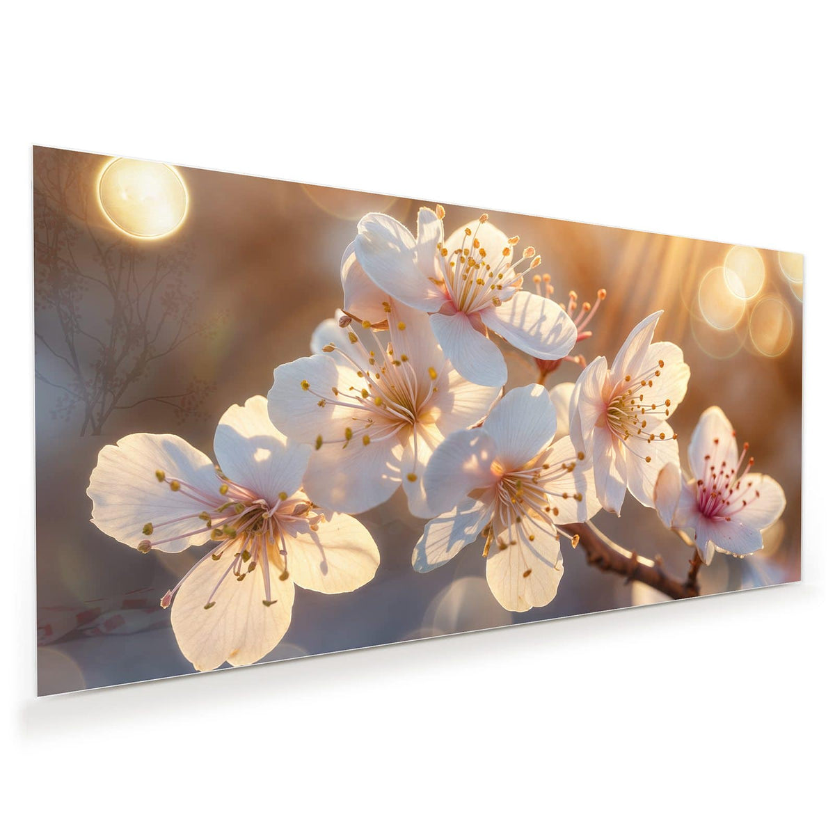 weiß-cremefarbene Kirschblüten in warmem goldenem Gegenlicht