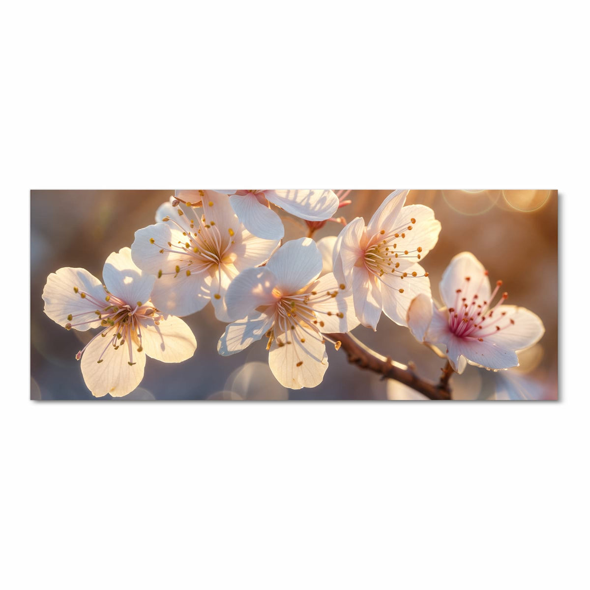 weiß-cremefarbene Kirschblüten in warmem goldenem Gegenlicht