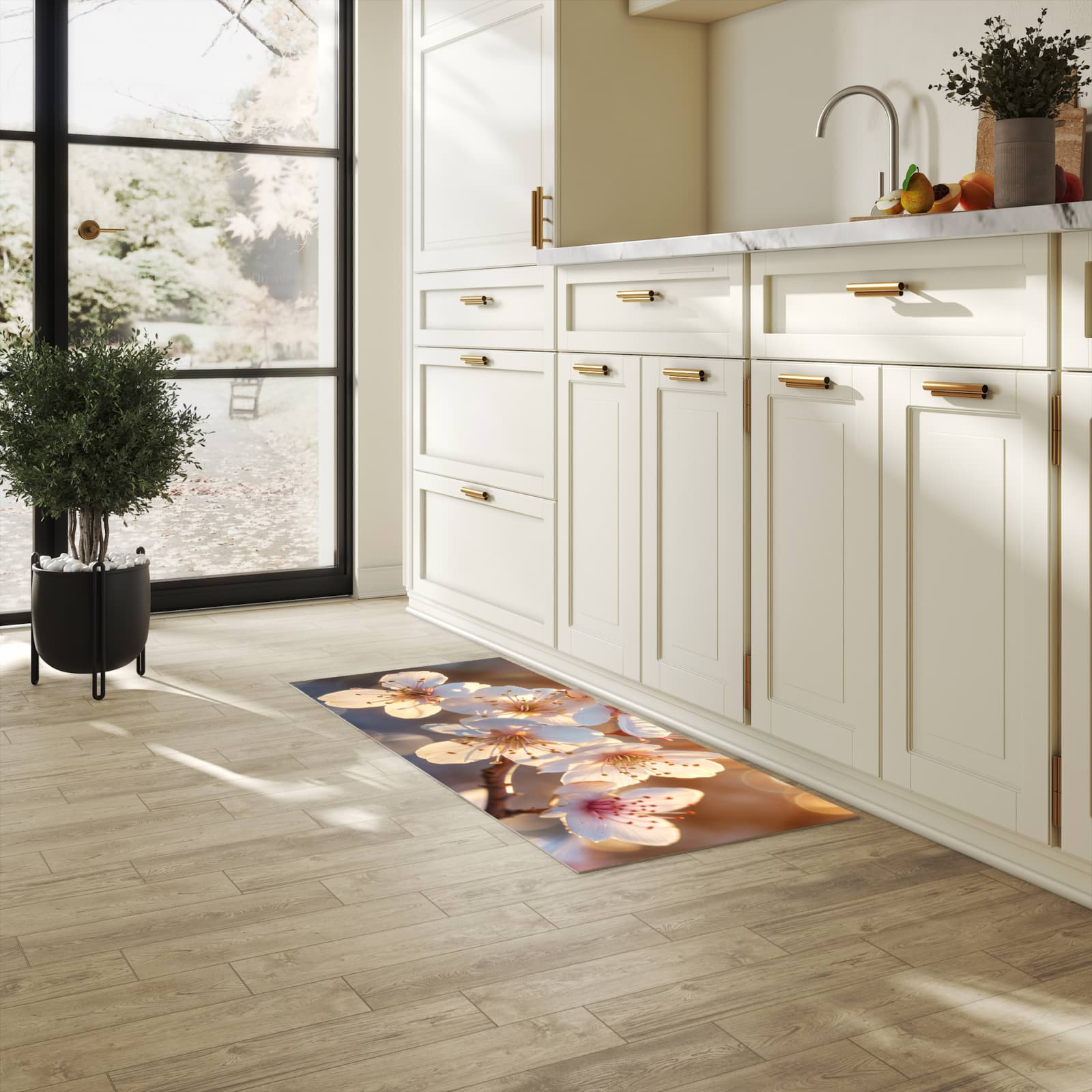 Waschbarer Küchenteppich mit Motiv Blumen im Sonnenlicht in heller Küche