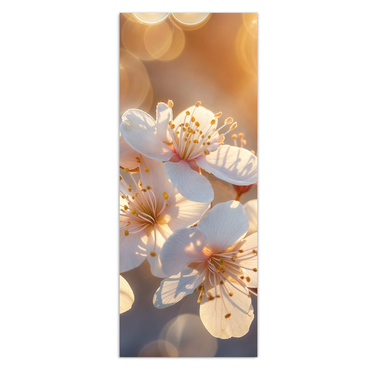 Wandbild - Goldene Kirschblüten - Hochformat – Weiße Kirschblüten im goldenen Licht