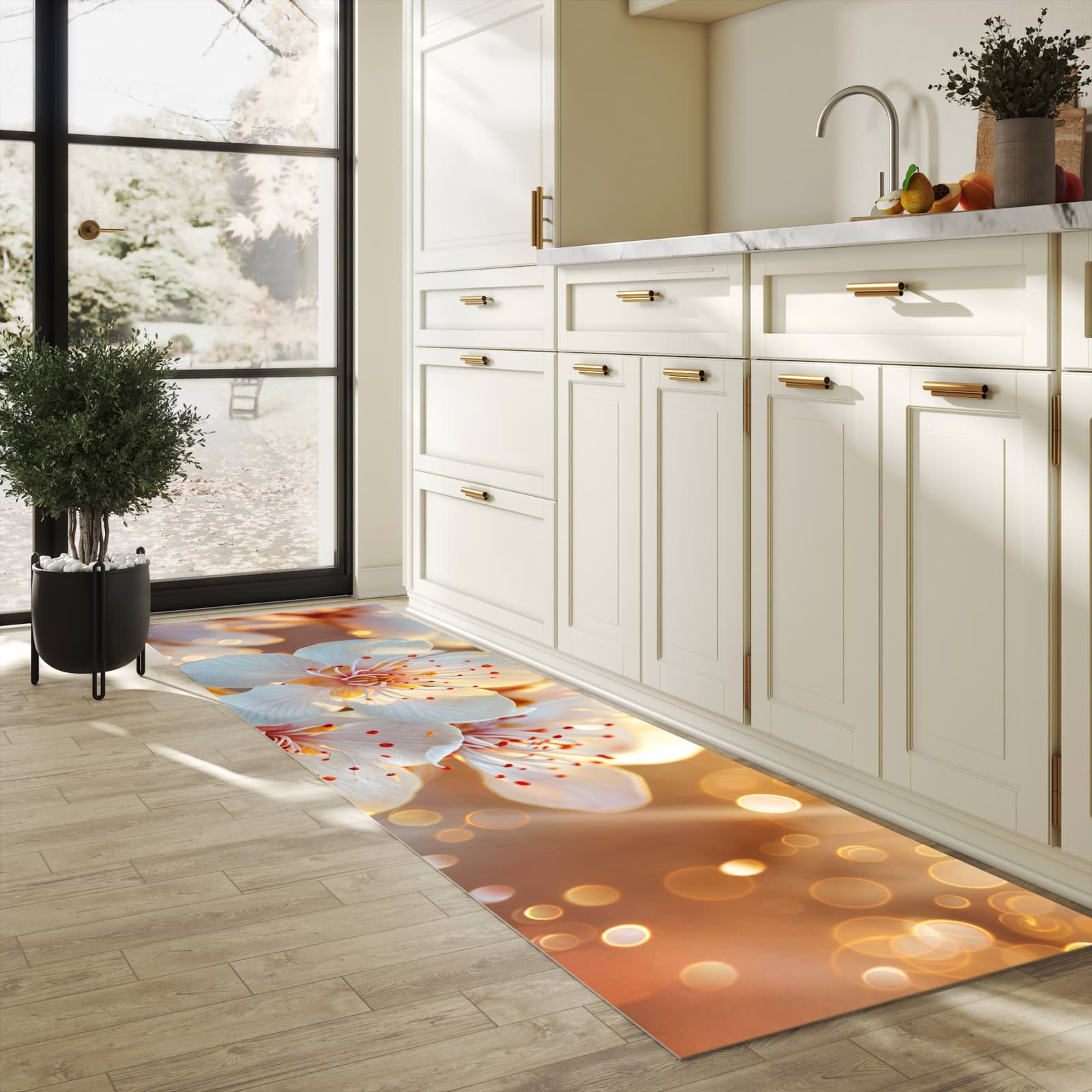 Pflegeleichter rutschfester Küchenteppich mit Motiv Blumenstrahlen in heller Küche