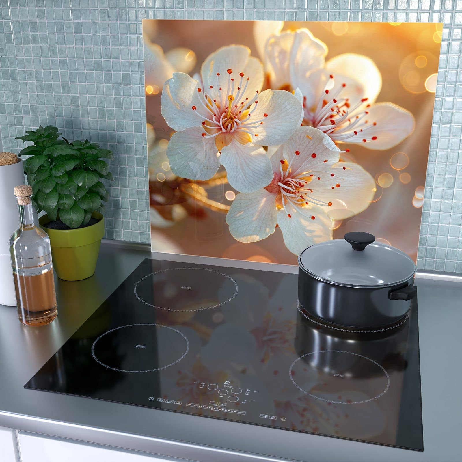 1-teilige Herdabdeckung mit Blüten im Sonnenlicht-Motiv als Spritzschutz hinter dem Kochfeld