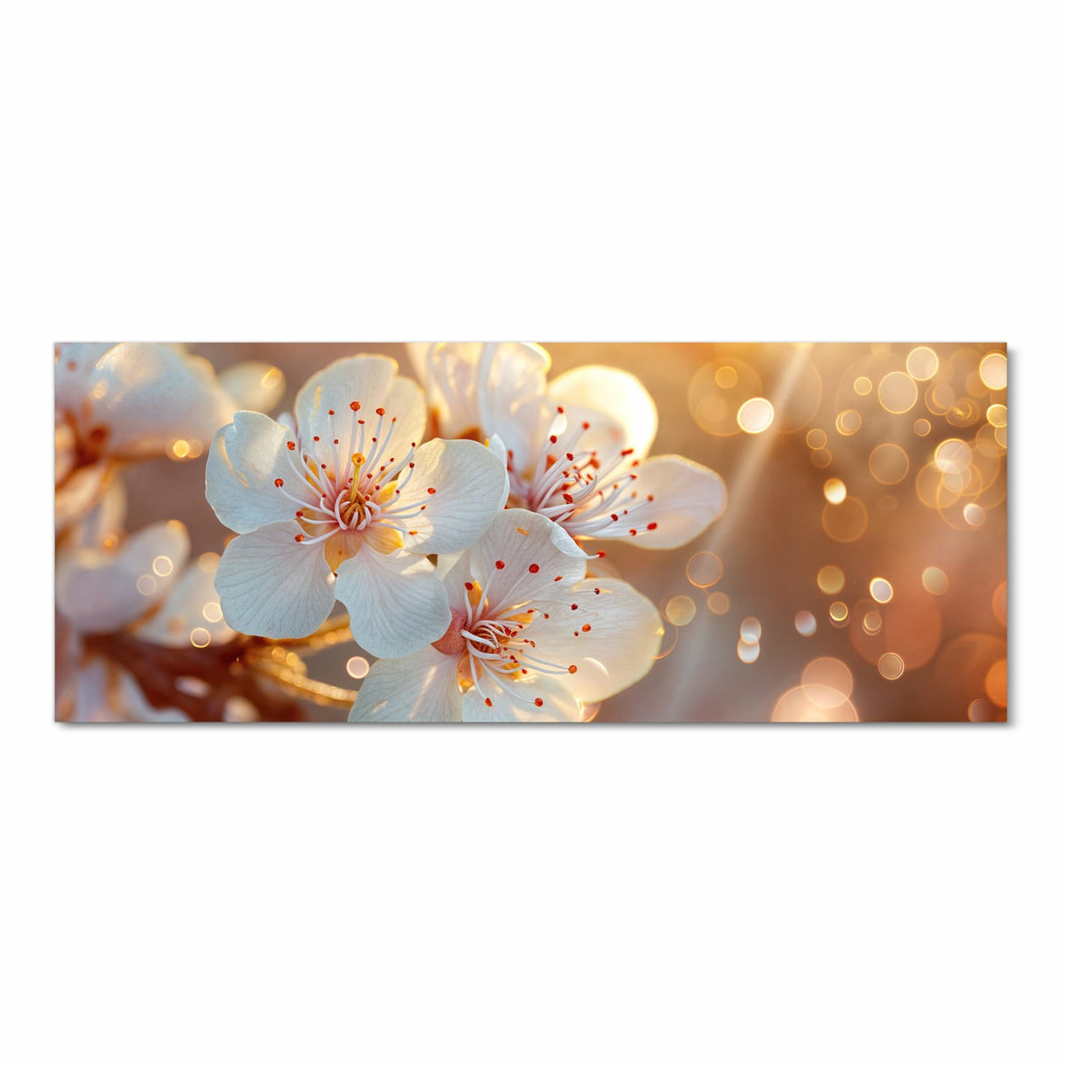 Weiße Obstblüten mit roten Staubgefäßen vor goldenen Lichtkreisen