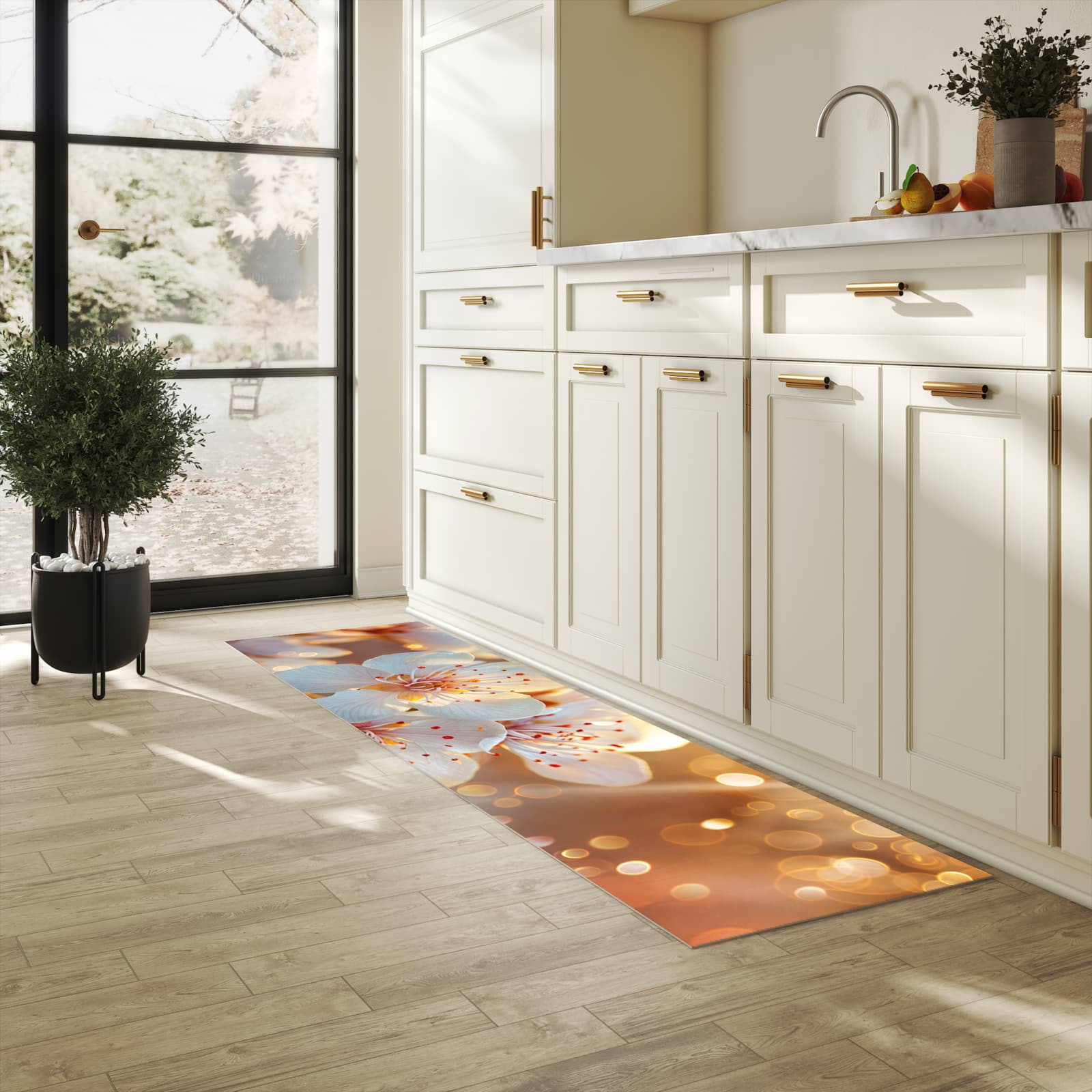 Schmutzabweisender Läufer mit Motiv Blumenstrahlen für Eingangsbereich in heller Küche