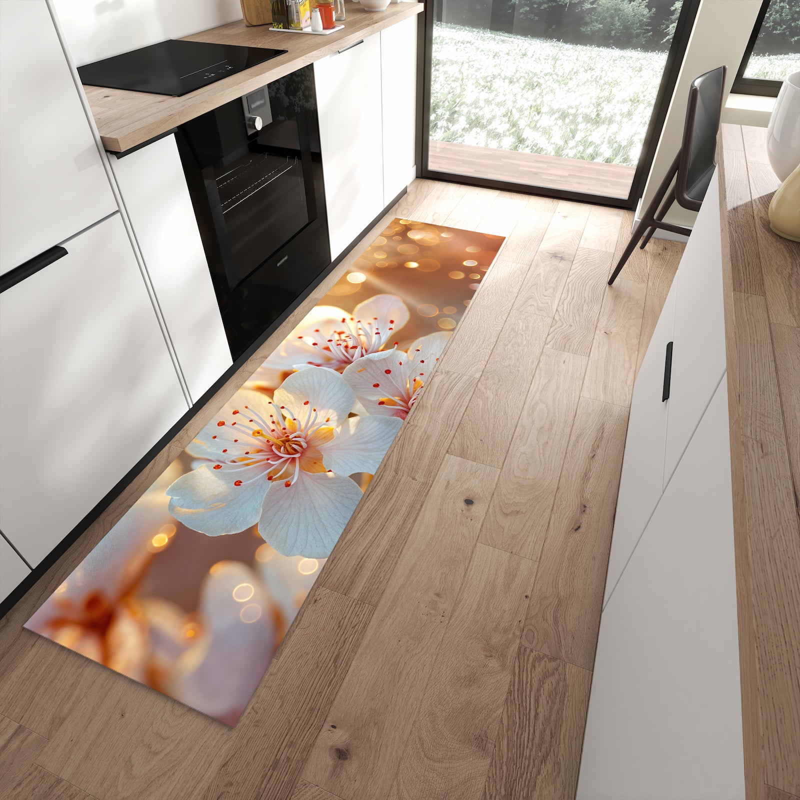 Schmutzabweisender Küchenläufer mit Motiv Blumenstrahlen in moderner Küche