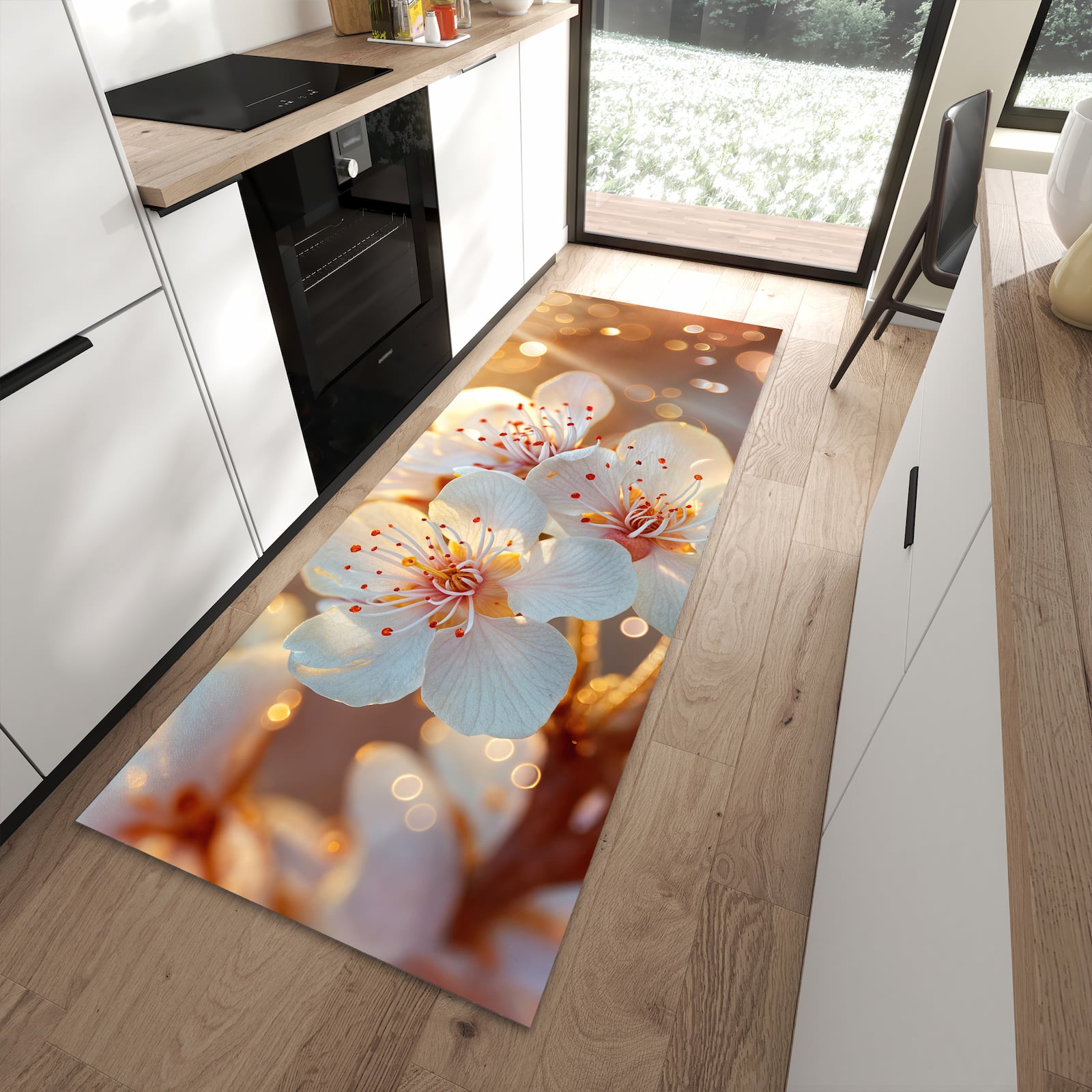 Hygienischer Läufer für die Küche mit Motiv Blumenstrahlen in moderner Küche