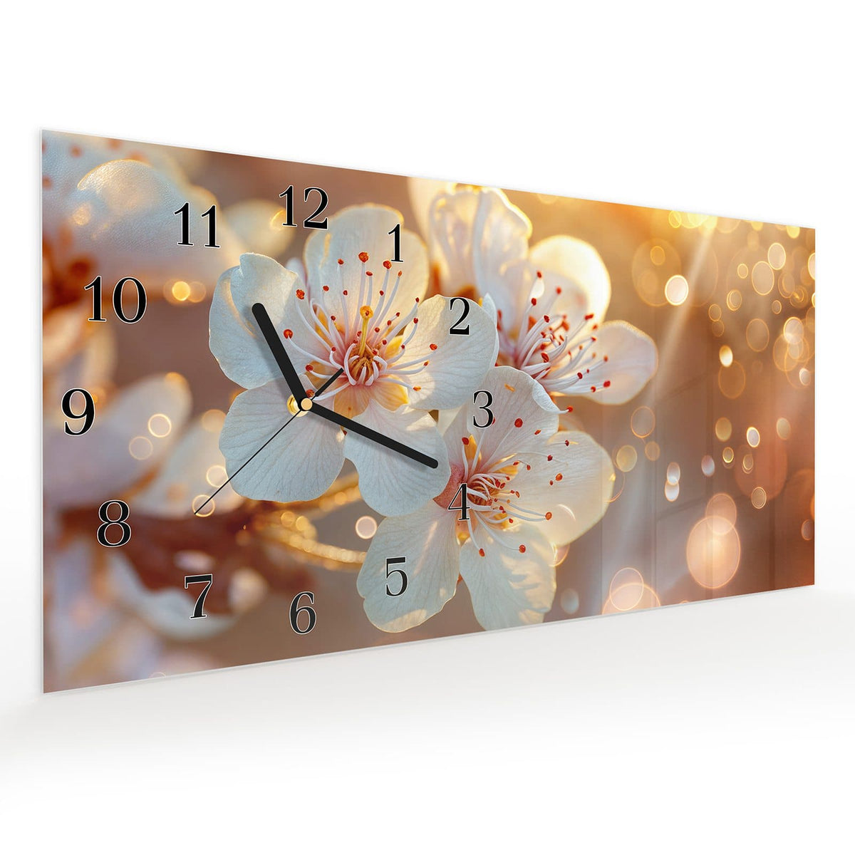 Vormontiert – mit Schwebeeffekt – Wanduhr Blüten im Sonnenlicht aus Glas – Querformat 60 × 30 cm