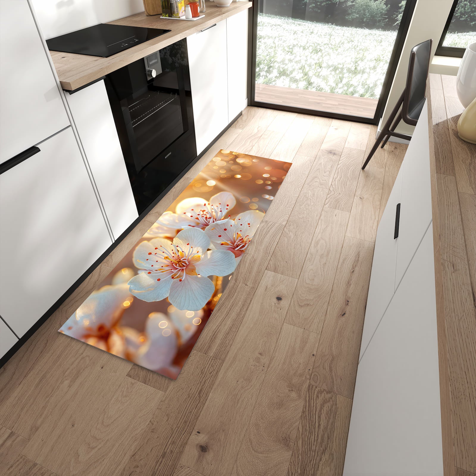 Fleckenresistenter abwaschbarer Küchenteppich mit Motiv Blumenstrahlen in moderner Küche