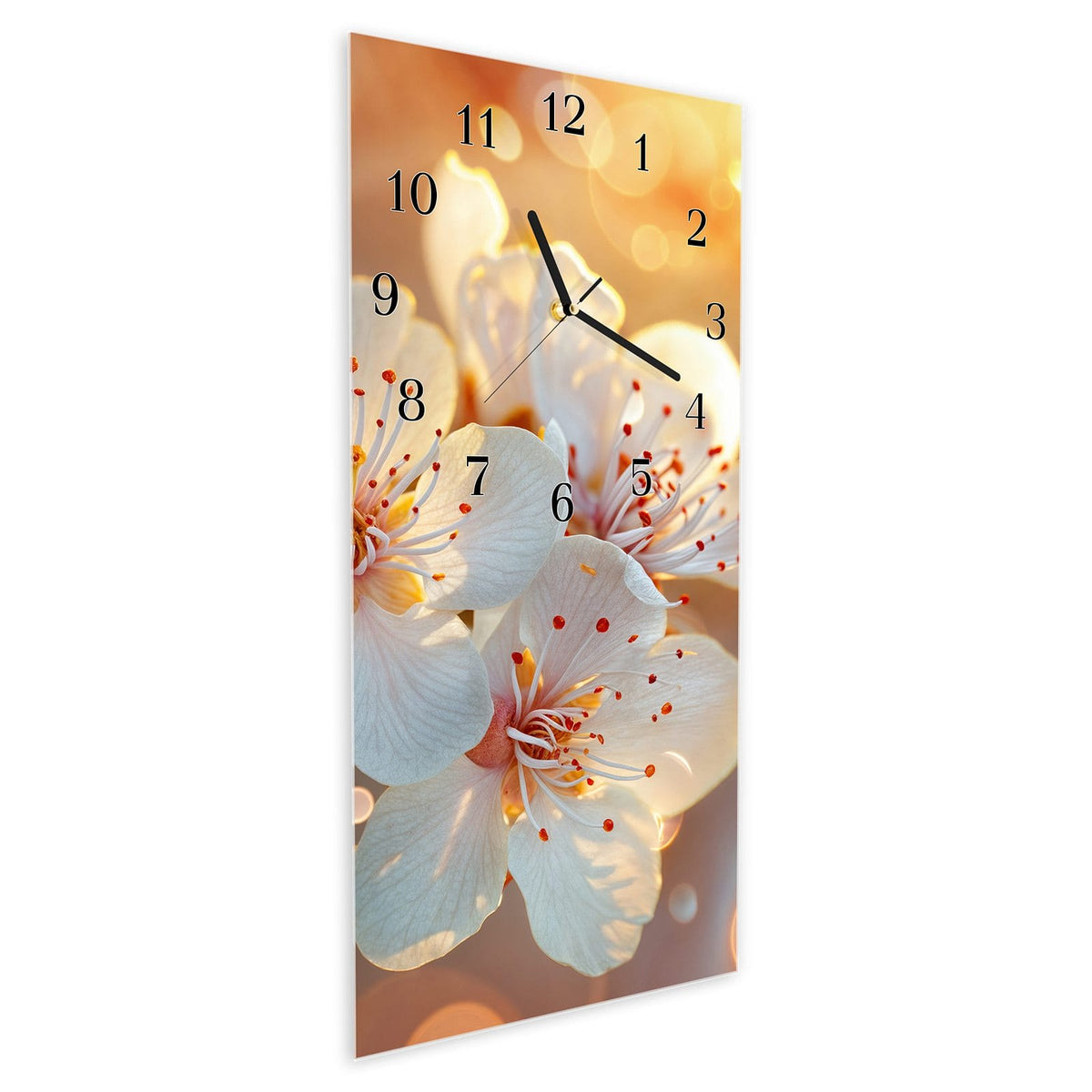 Vormontiert – mit Schwebeeffekt – Wanduhr Blüten im Sonnenlicht aus Glas – Hochformat 30 × 60 cm