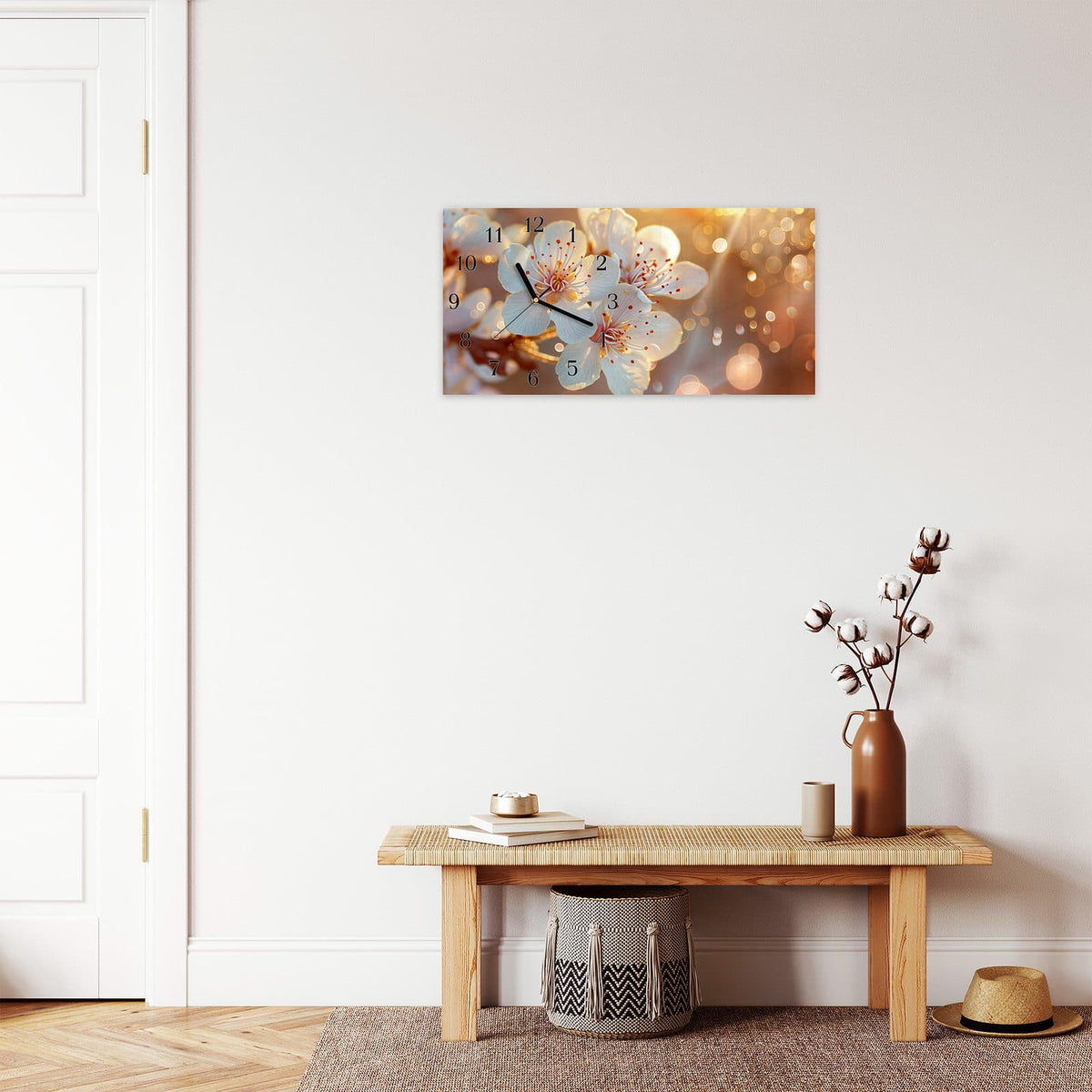 Moderne Wanduhr aus Glas mit Farbtiefe – Wanduhr Blüten im Sonnenlicht aus Glas – Querformat 60 × 30 cm