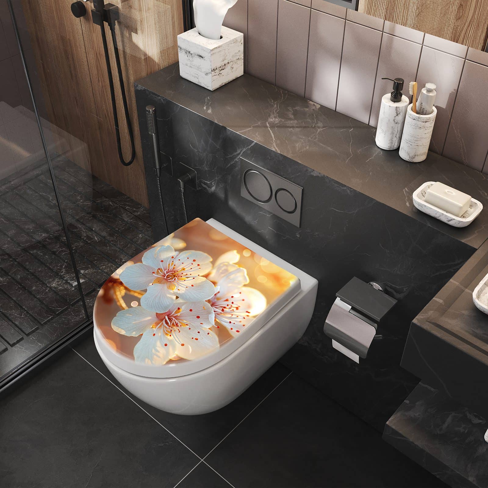 WC-Sitz mit Absenkautomatik Blumenstrahlen