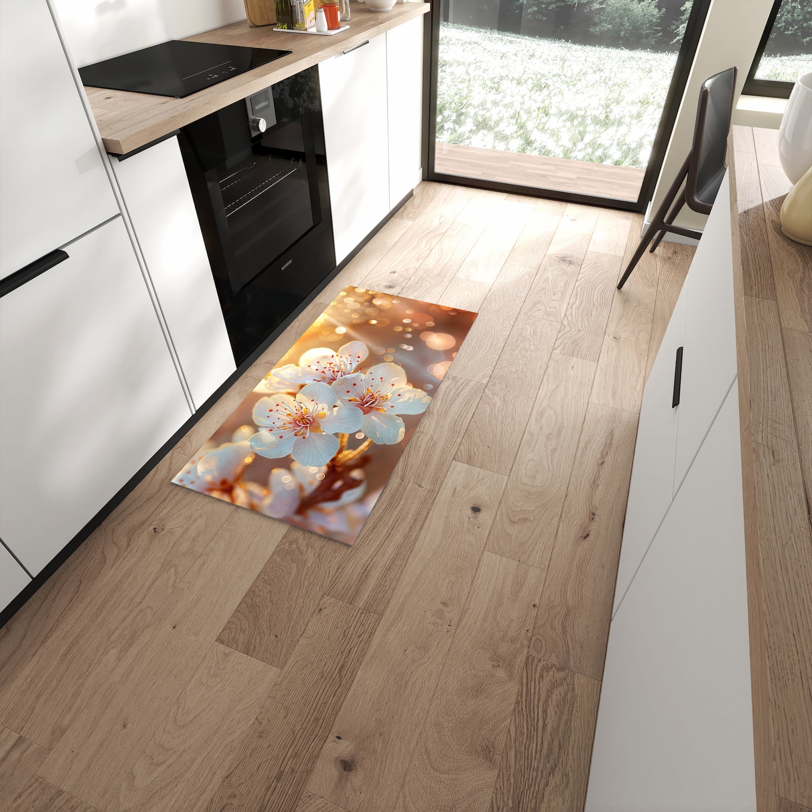 Komfortabler Küchenläufer mit Motiv Blumenstrahlen in moderner Küche #grösse_60 x 120 cm