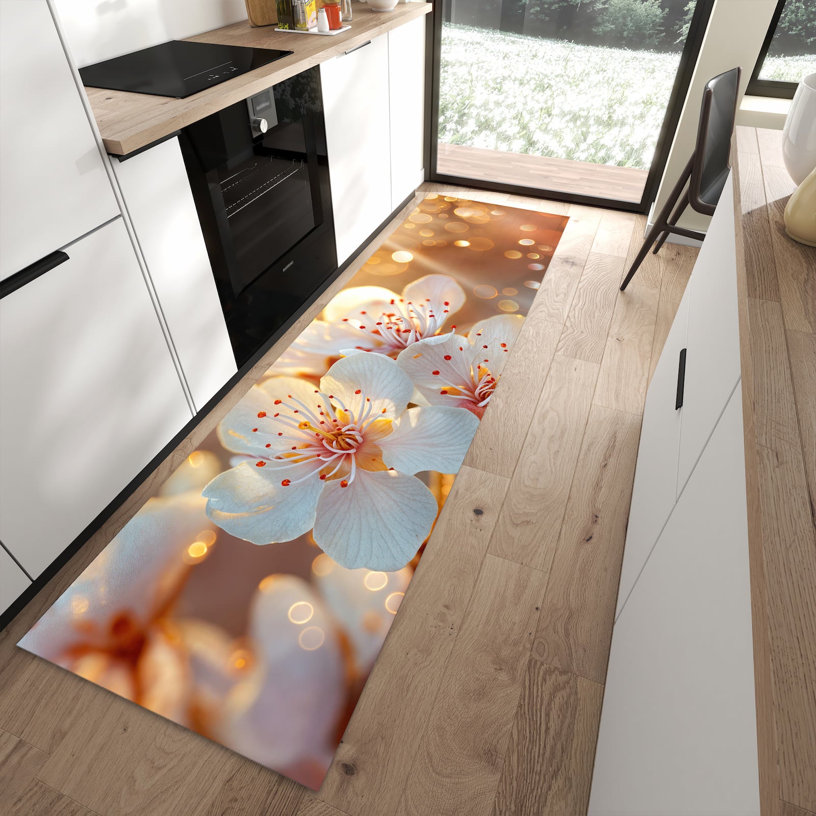 Rutschfester Küchenteppich mit Motiv Blumenstrahlen in moderner Küche