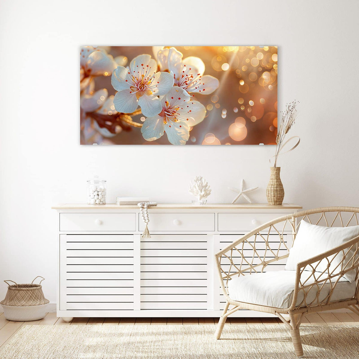Echtglas, 4 mm – kein Acryl, keine Folie – Wandbild - Blüten im Sonnenlicht - Querformat