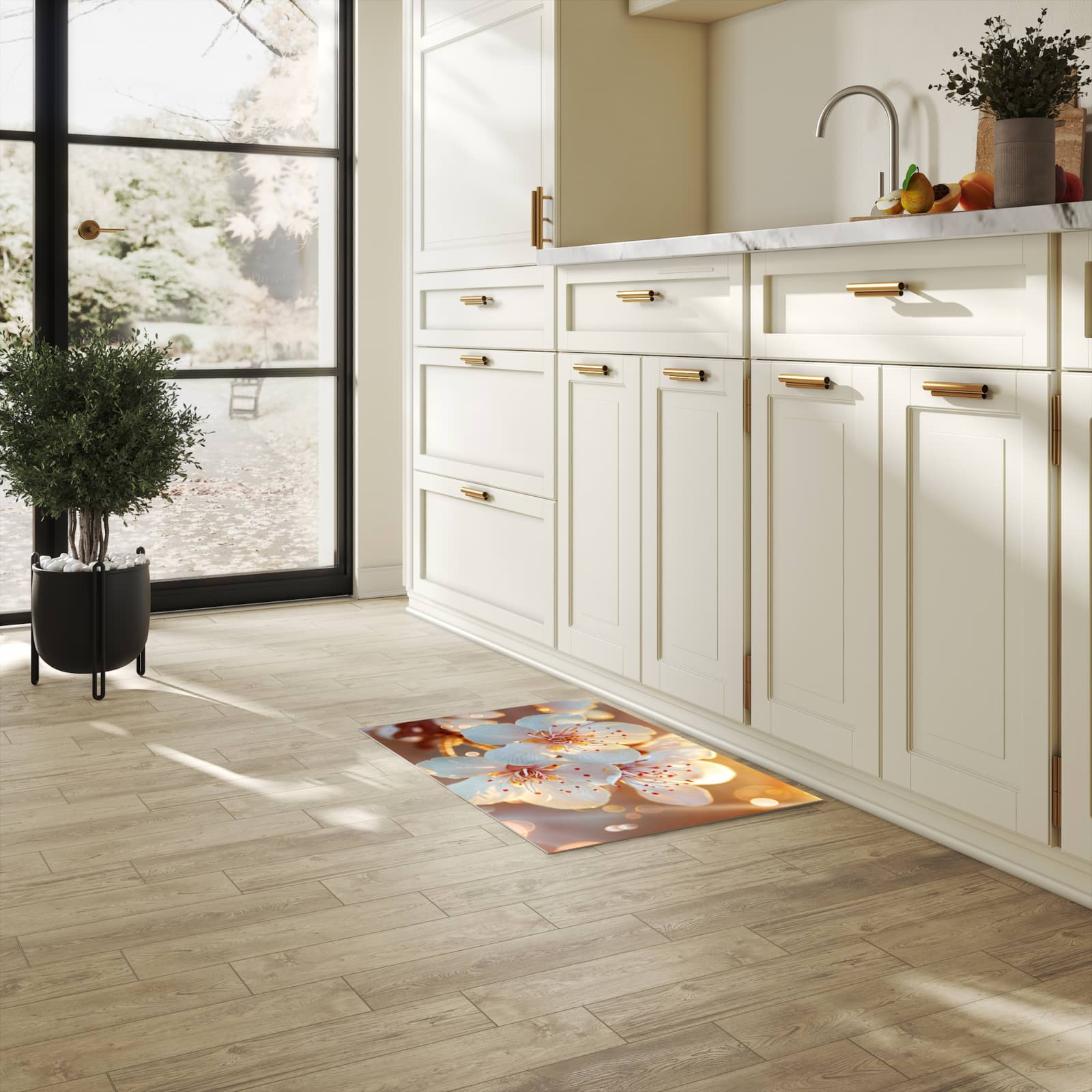 Flacher rutschfester Küchenteppich mit Motiv Blumenstrahlen in heller Küche