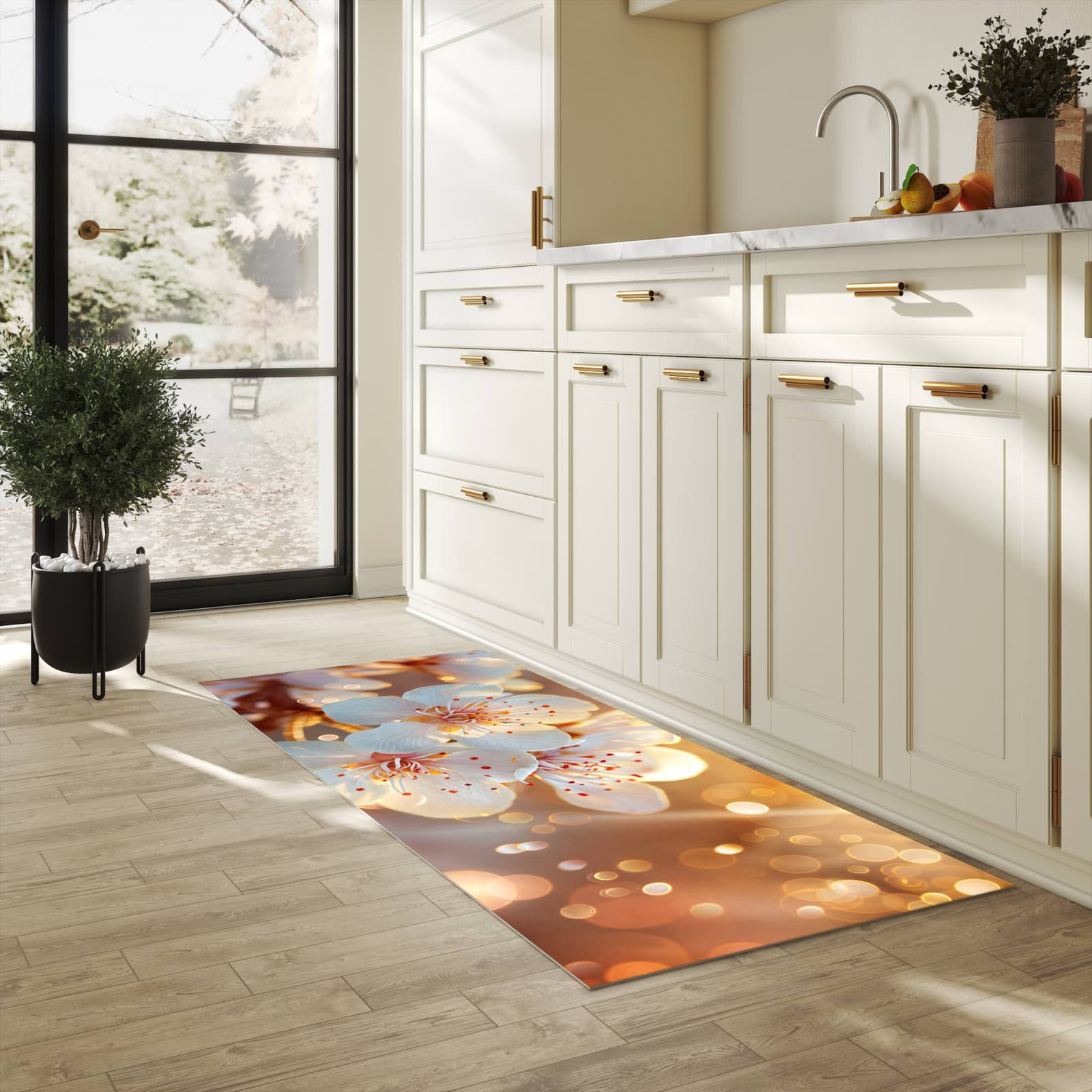 Pflegeleichter dünner Küchenteppich mit Motiv Blumenstrahlen in heller Küche