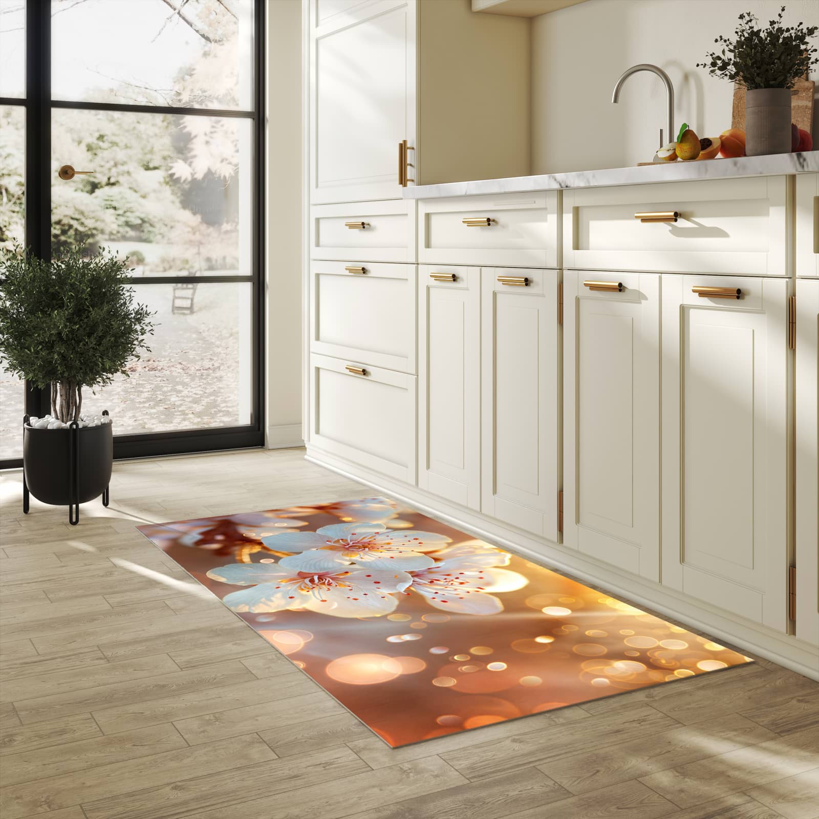 Bodenläufer mit Motiv Blumenstrahlen für angenehme Haptik in heller Küche