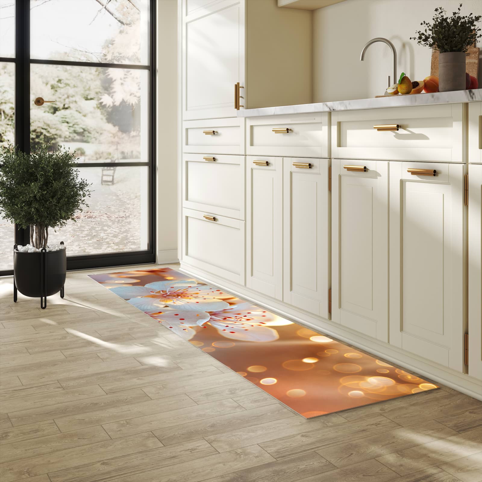 Geruchsneutraler rutschfester Läufer mit Motiv Blumenstrahlen in heller Küche