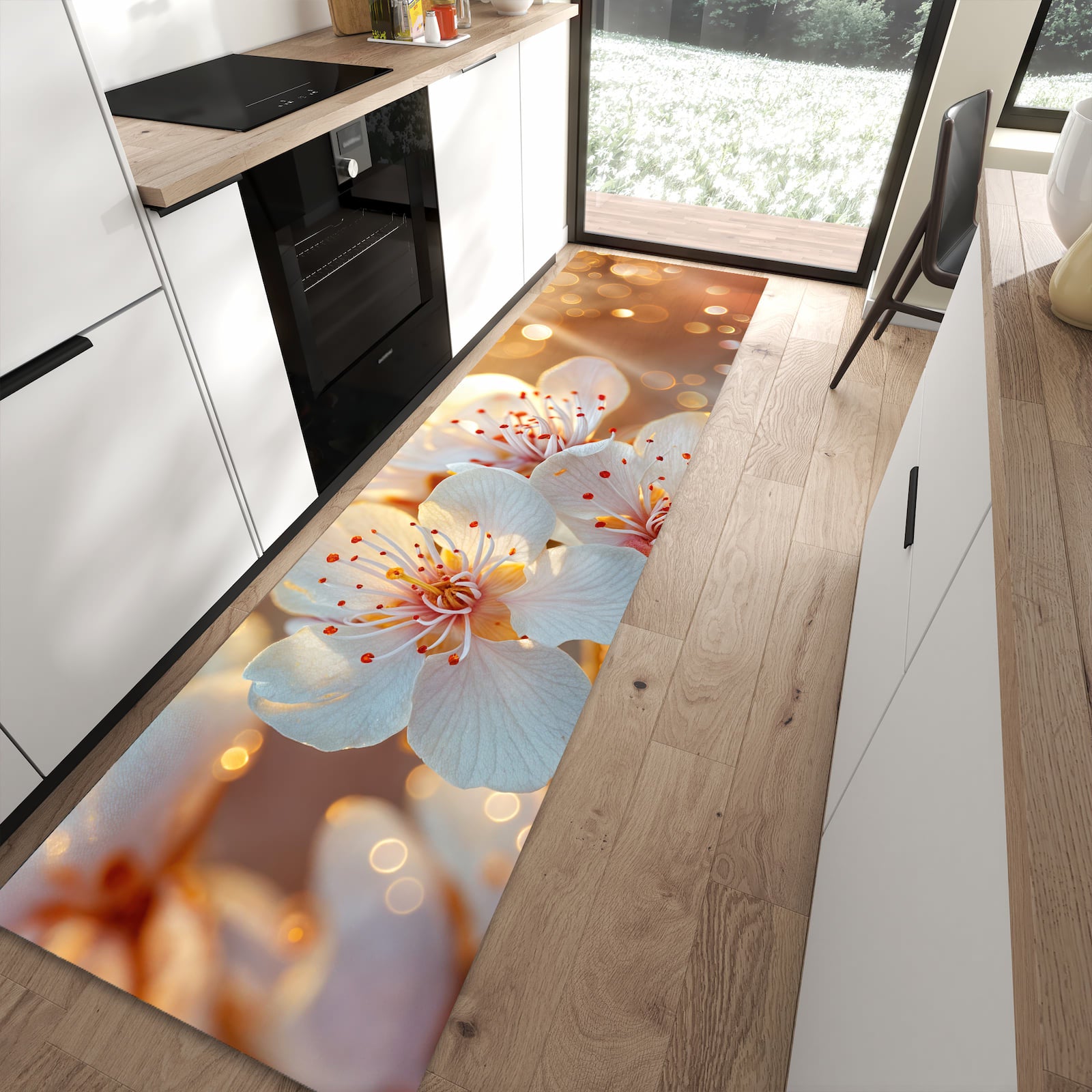 Pflegeleichter Küchenteppich mit Motiv Blumenstrahlen in moderner Küche