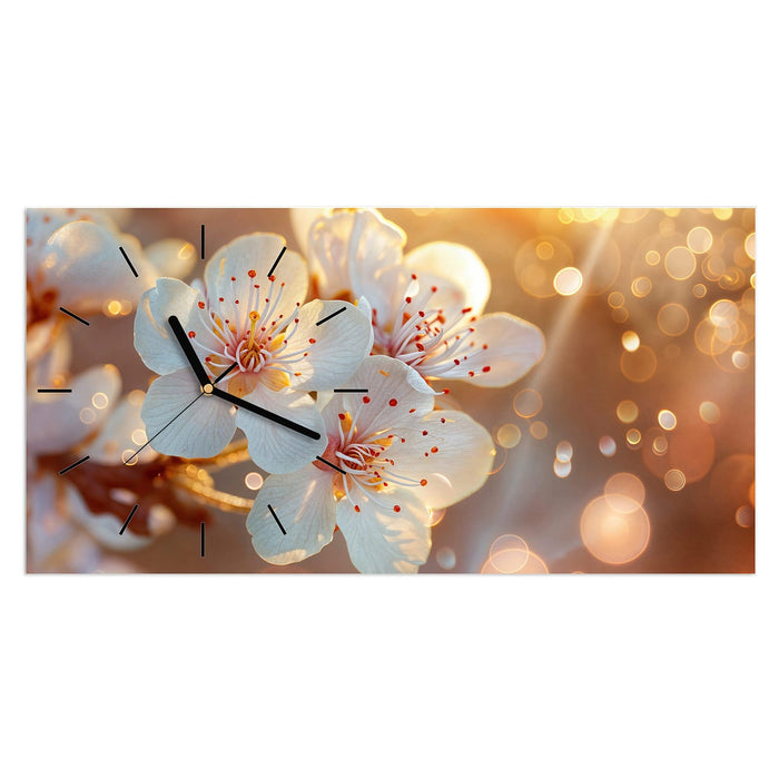 Wanduhr Blüten im Sonnenlicht aus Glas – Querformat 60 × 30 cm mit Ziffernblatt Linie