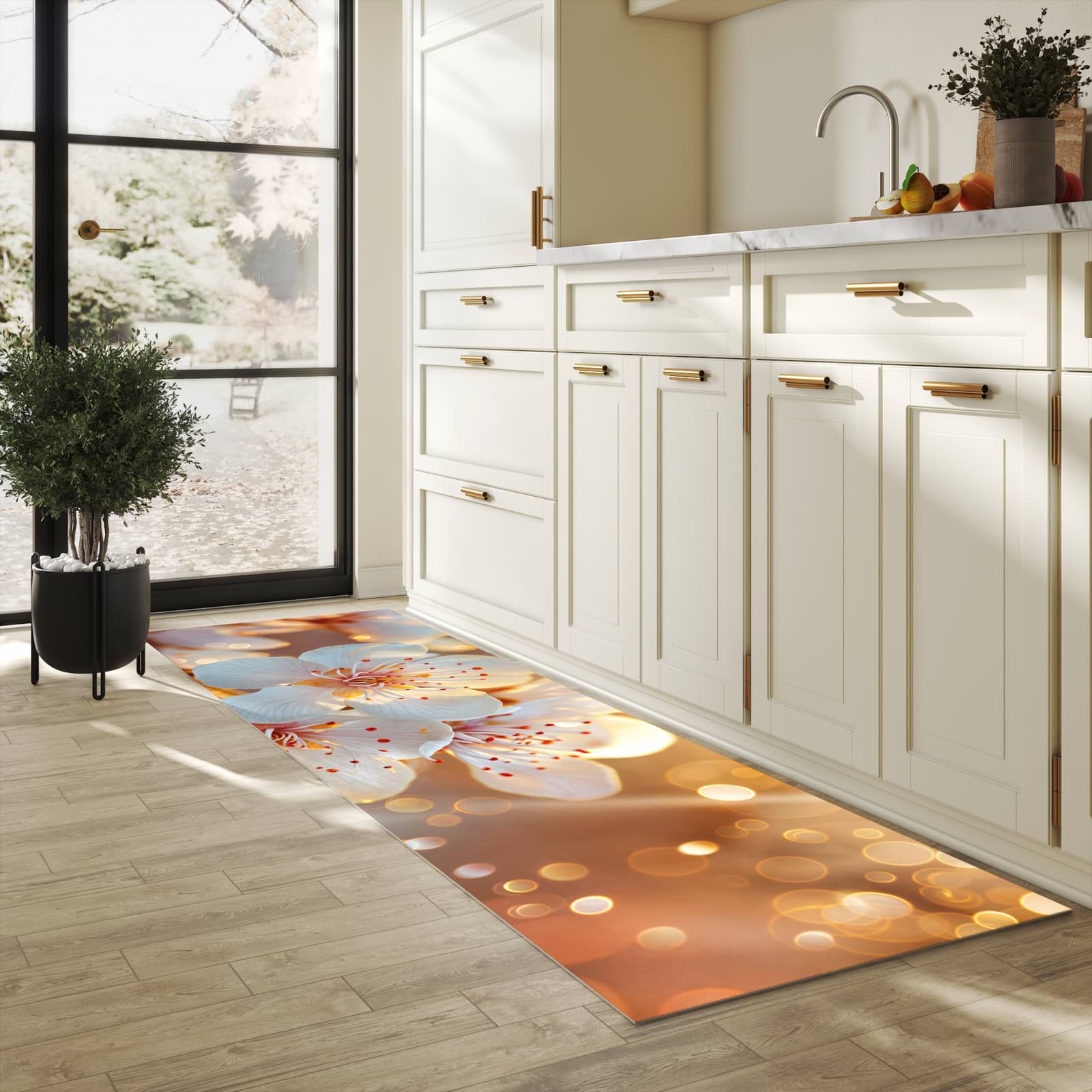 Rutschfester Teppich für Esstisch mit Motiv Blumenstrahlen in heller Küche