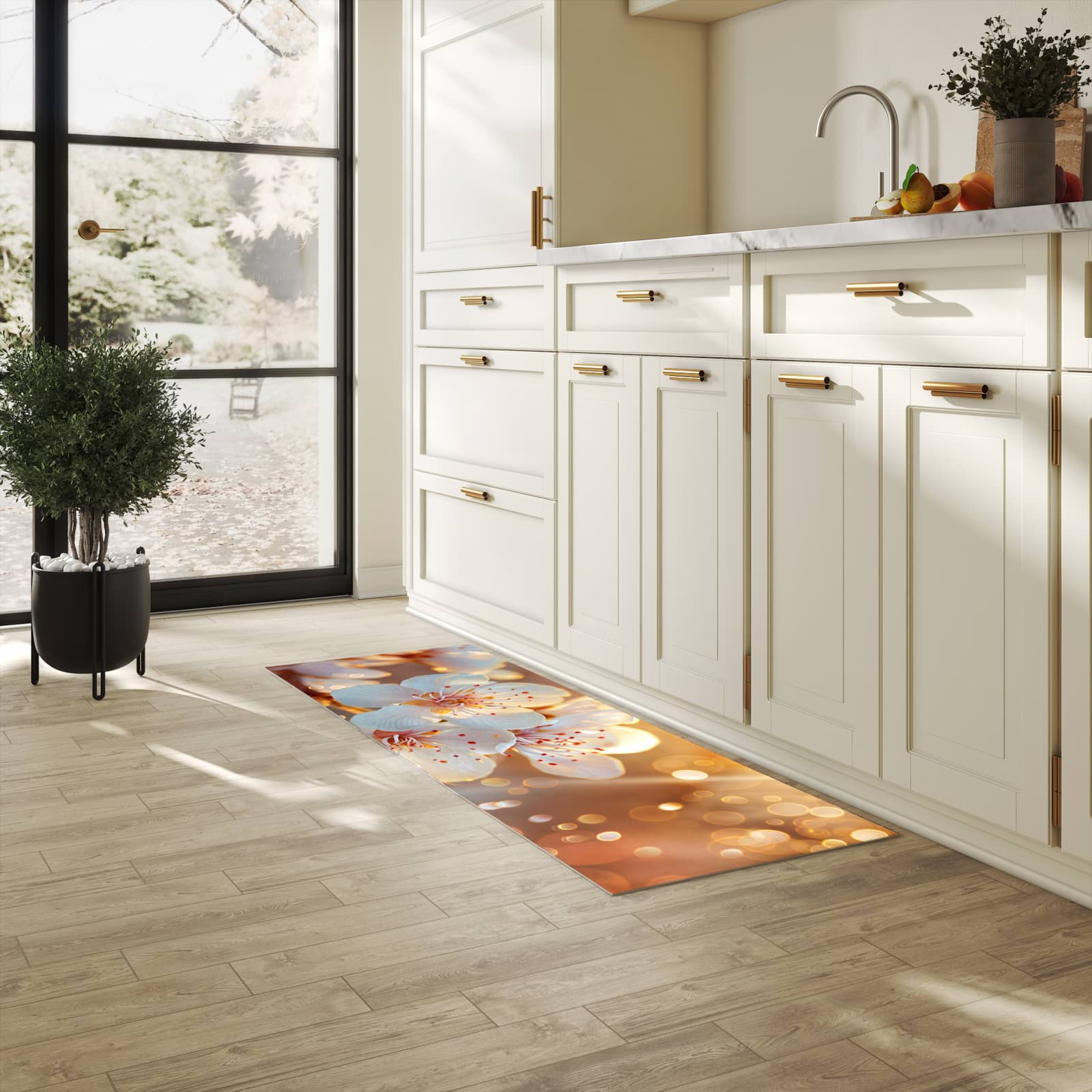 Fleckenresistenter langer Teppich mit Motiv Blumenstrahlen in heller Küche